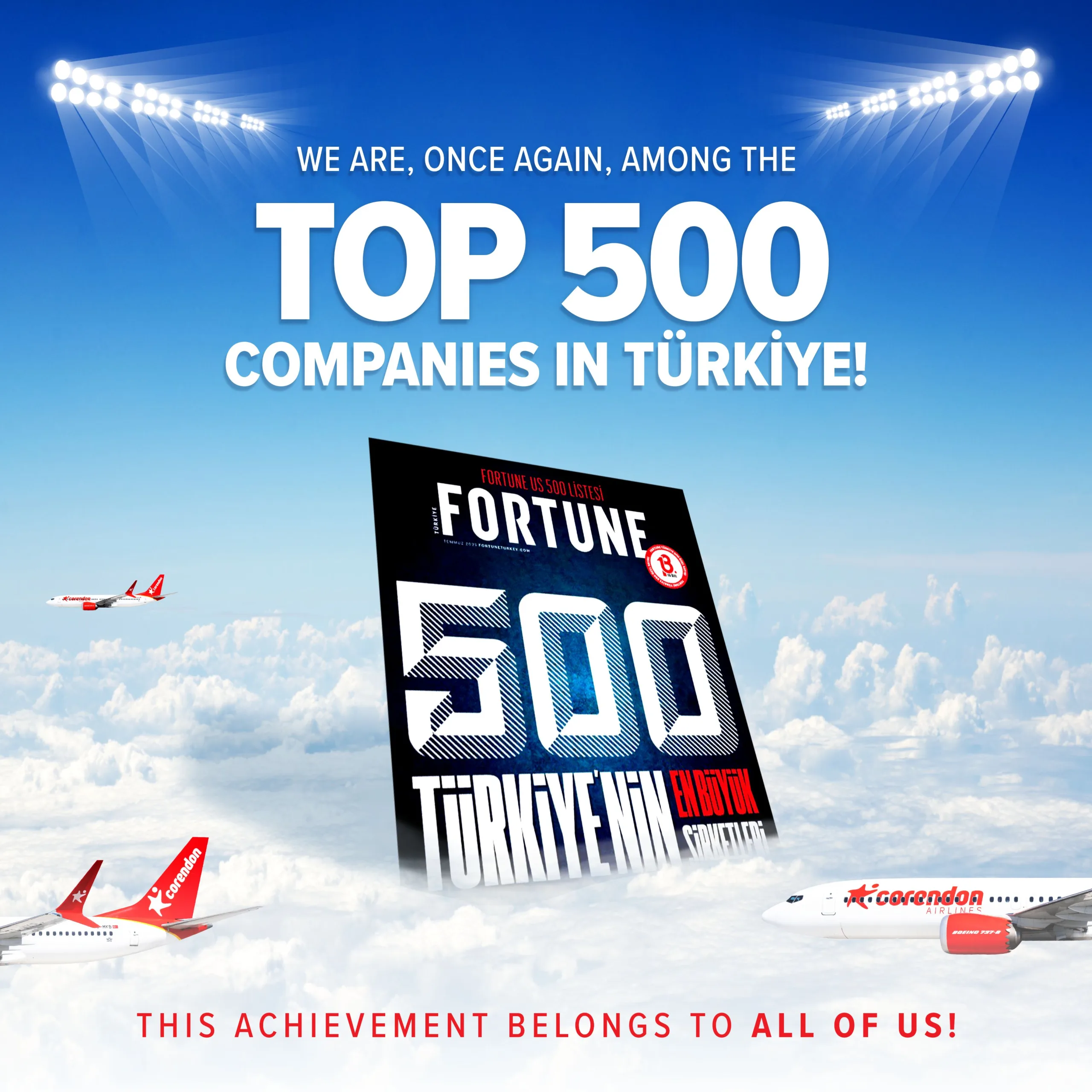 Corendon Airlines, 20. Yılında Fortune 500 Türkiye Listesinde Yükseldi!