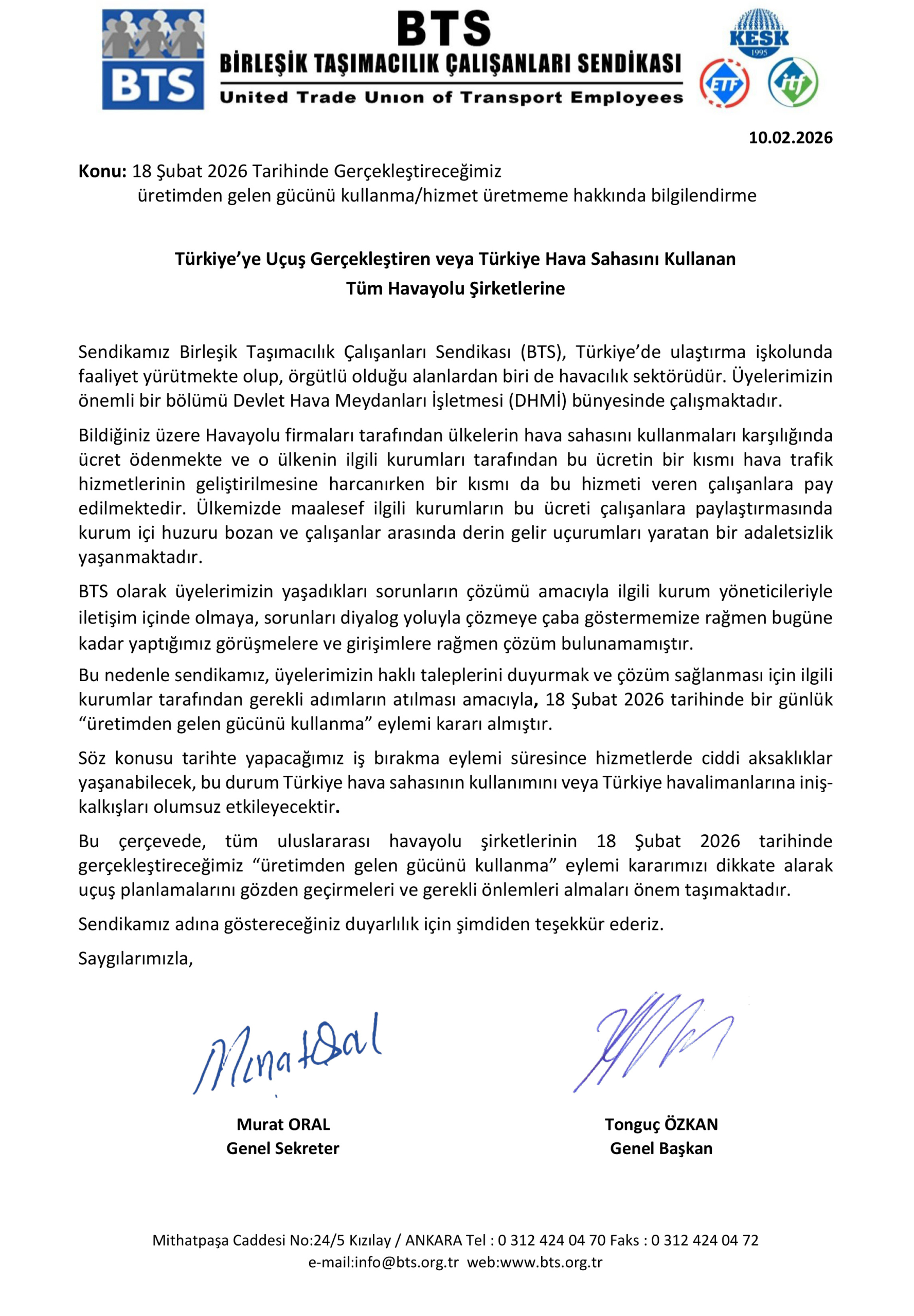 BTS’ten Havayolu Şirketlerine 18 Şubat Uyarısı: “İş Bırakma Eylemi” Kararı