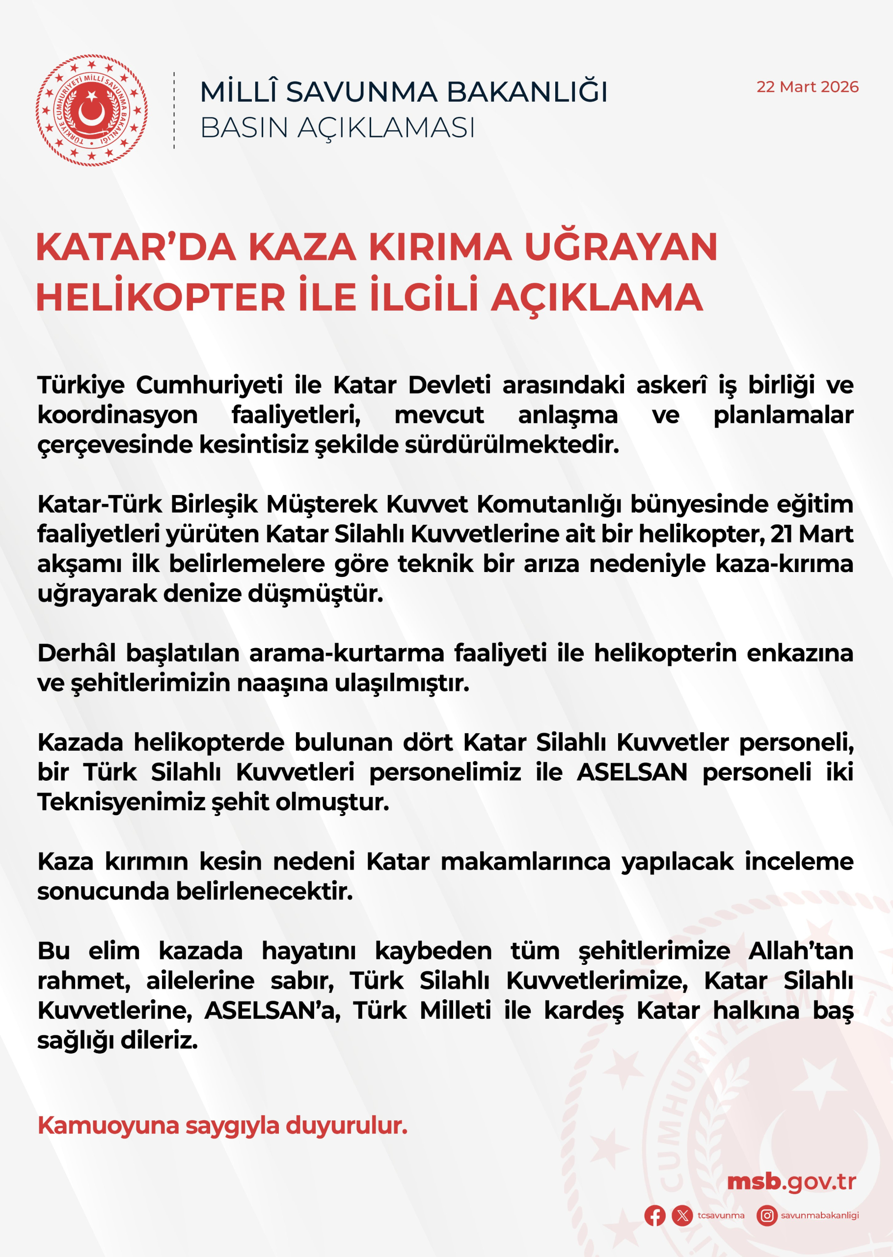 Katar'da Düşen Helikopterde 1 TSK, 2 ASELSAN Personeli Şehit