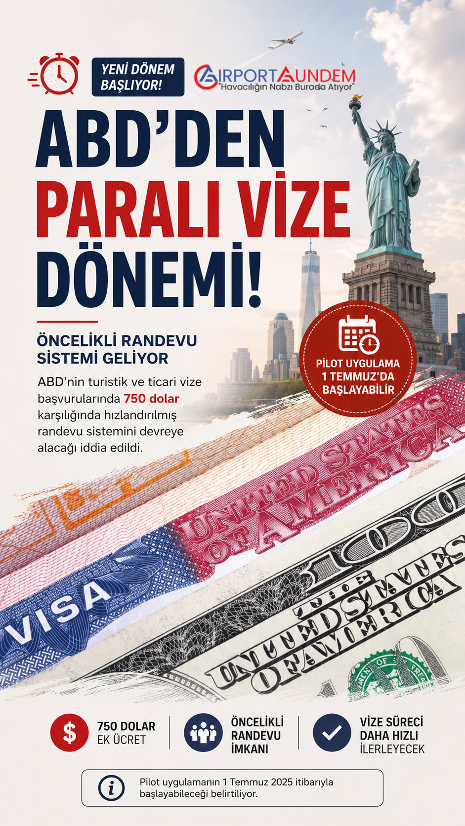 ABD’nin turistik ve ticari vize başvurularında 750 dolar karşılığında hızlandırılmış randevu sistemini devreye alacağı iddia edildi. Pilot uygulama 1 Temmuz’da başlayabilir.