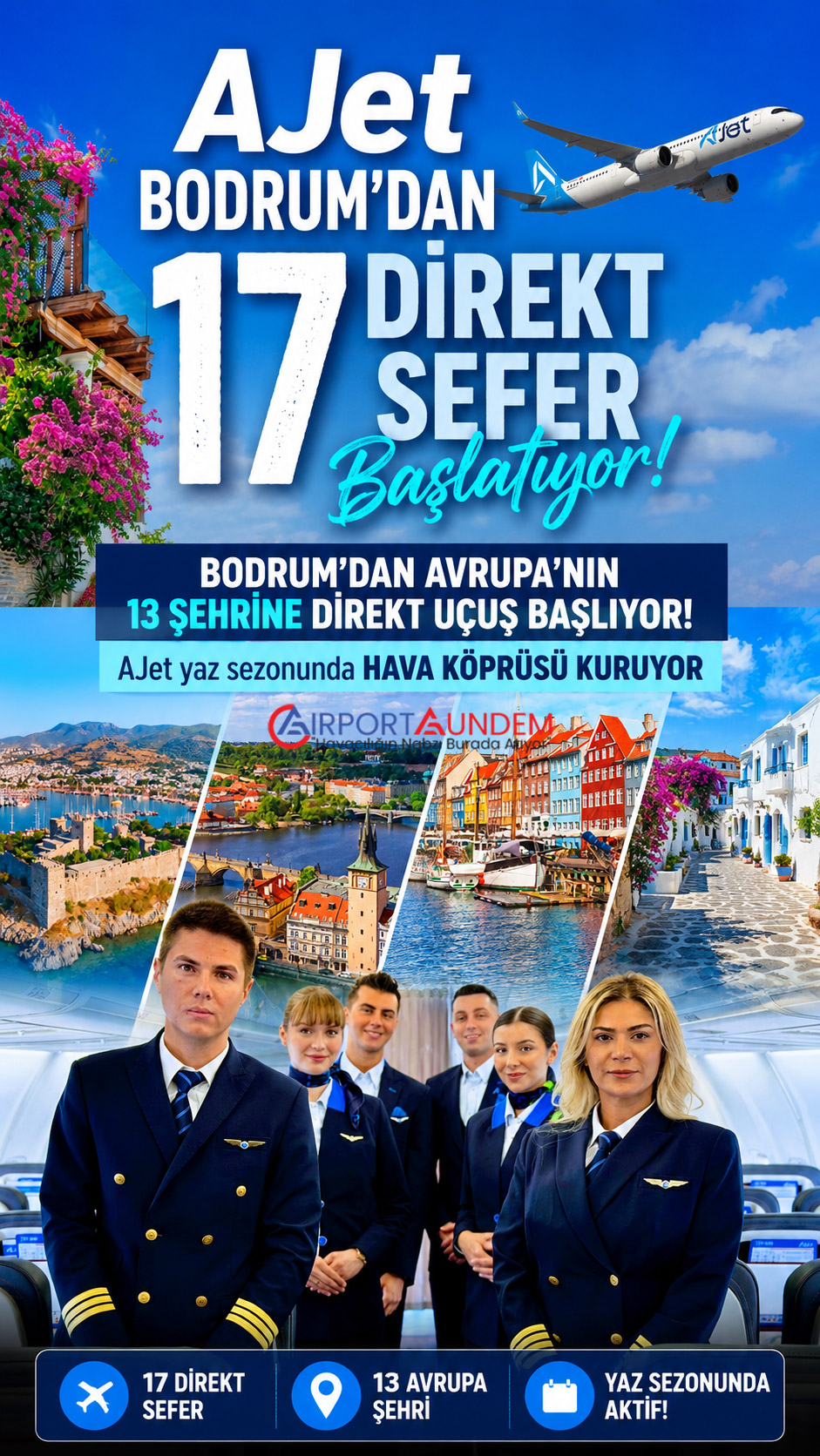 AJet Bodrum'dan 17 Direkt Sefer Başlatıyor 1 Ajet Hava Yolları Haberleri ajet AJet, Milas/Bodrum Havalimanı’nı üçüncü operasyon üssü yaptı. Bodrum’dan Avrupa’nın 13 şehrine haftada 17 karşılıklı direkt uçuş başlayacak.