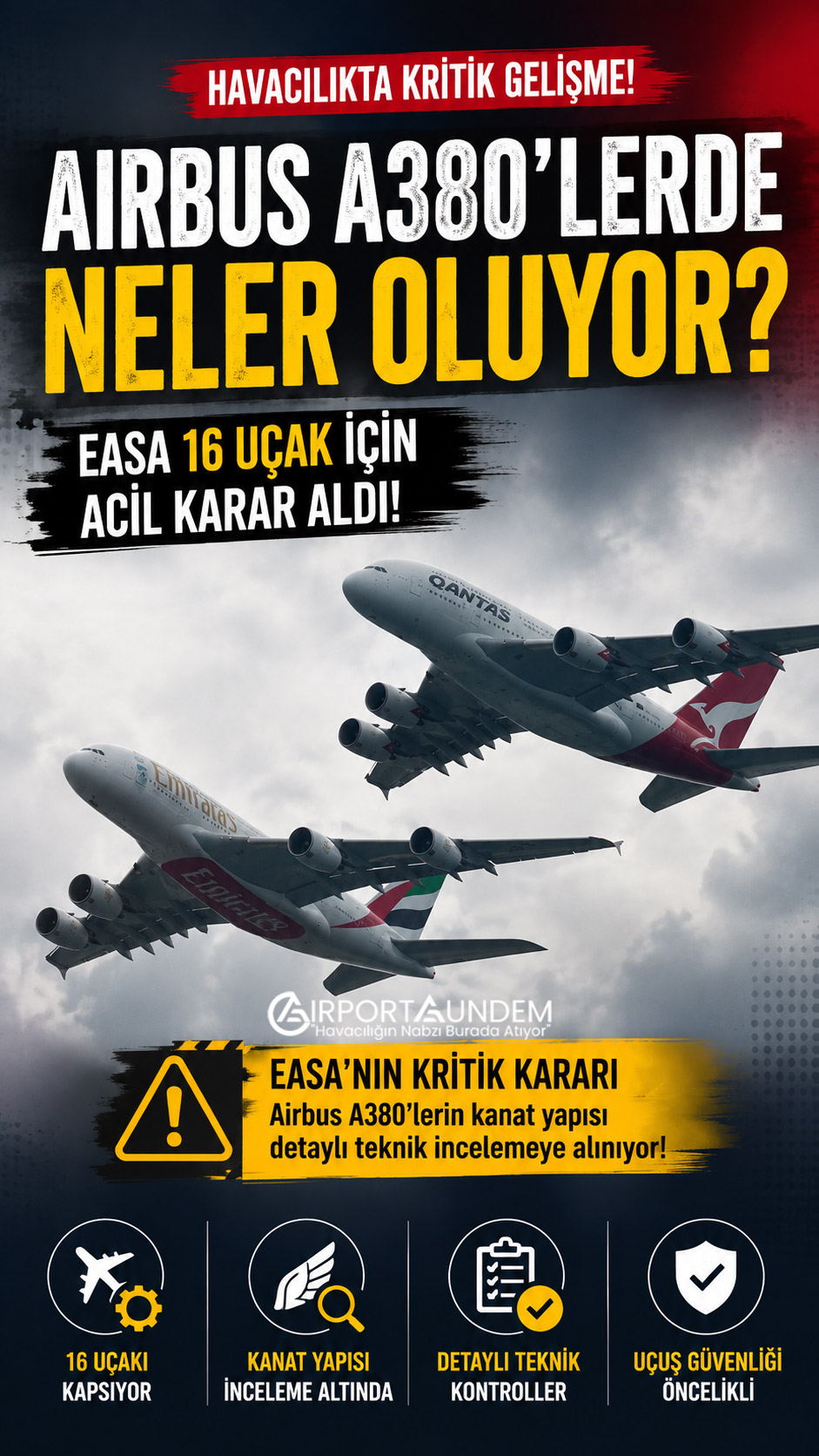 EASA, Airbus A380'lerde tespit edilen kanat çatlakları sonrası 16 uçak için acil denetim kararı aldı. Emirates ve Qantas filosu inceleme kapsamında.