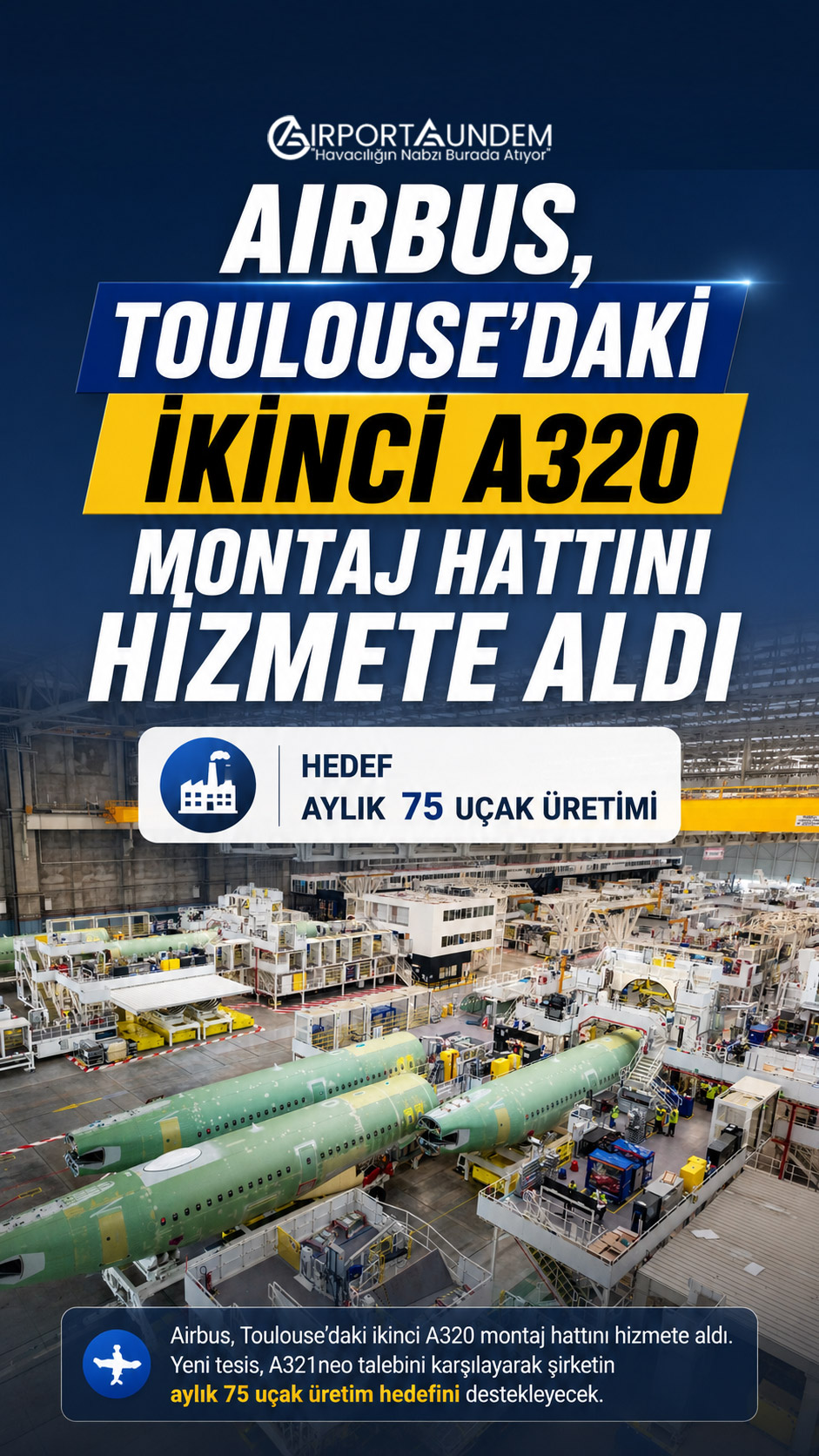 Airbus, Toulouse’daki ikinci A320 montaj hattını hizmete aldı. Yeni tesis, A321neo talebini karşılayarak şirketin aylık 75 uçak üretim hedefini destekleyecek.