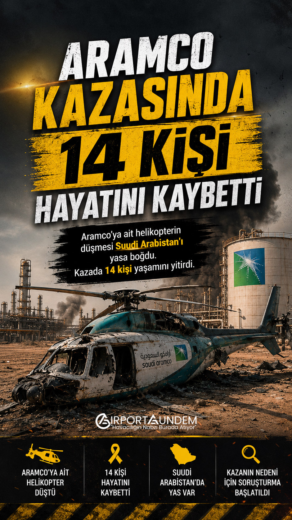 Aramco Kazasında 14 Kişi Hayatını Kaybetti 3 Havacılık Haberleri Aramco Suudi Arabistan'da Aramco'ya ait helikopter Ras Tanura'da düştü. Kazada 14 kişi hayatını kaybetti. Olayın nedenine ilişkin soruşturma başlatıldı.