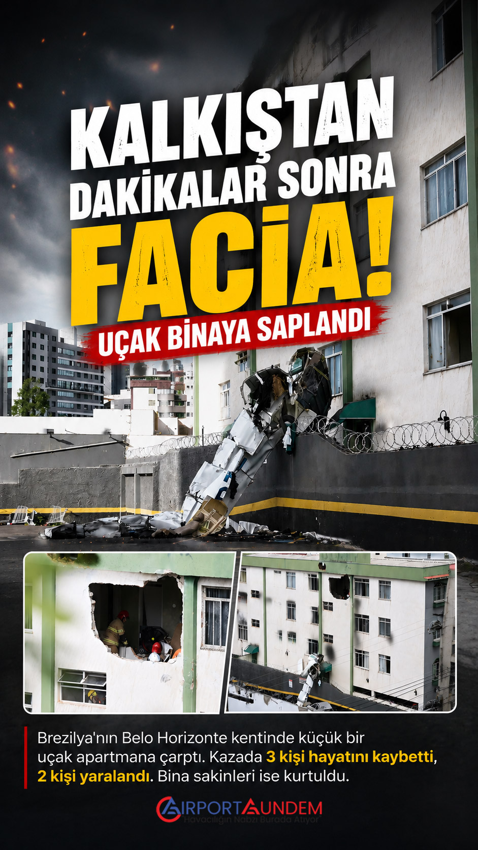 Brezilya’da Küçük Uçak Apartmana Çarptı: 3 Ölü, 2 Yaralı 4 Kaza ve Olaylar Havacılık Haberleri Uçak Brezilya'nın Belo Horizonte kentinde küçük bir uçak apartmana çarptı. Kazada 3 kişi hayatını kaybetti, 2 kişi yaralandı. Bina sakinleri ise kurtuldu.