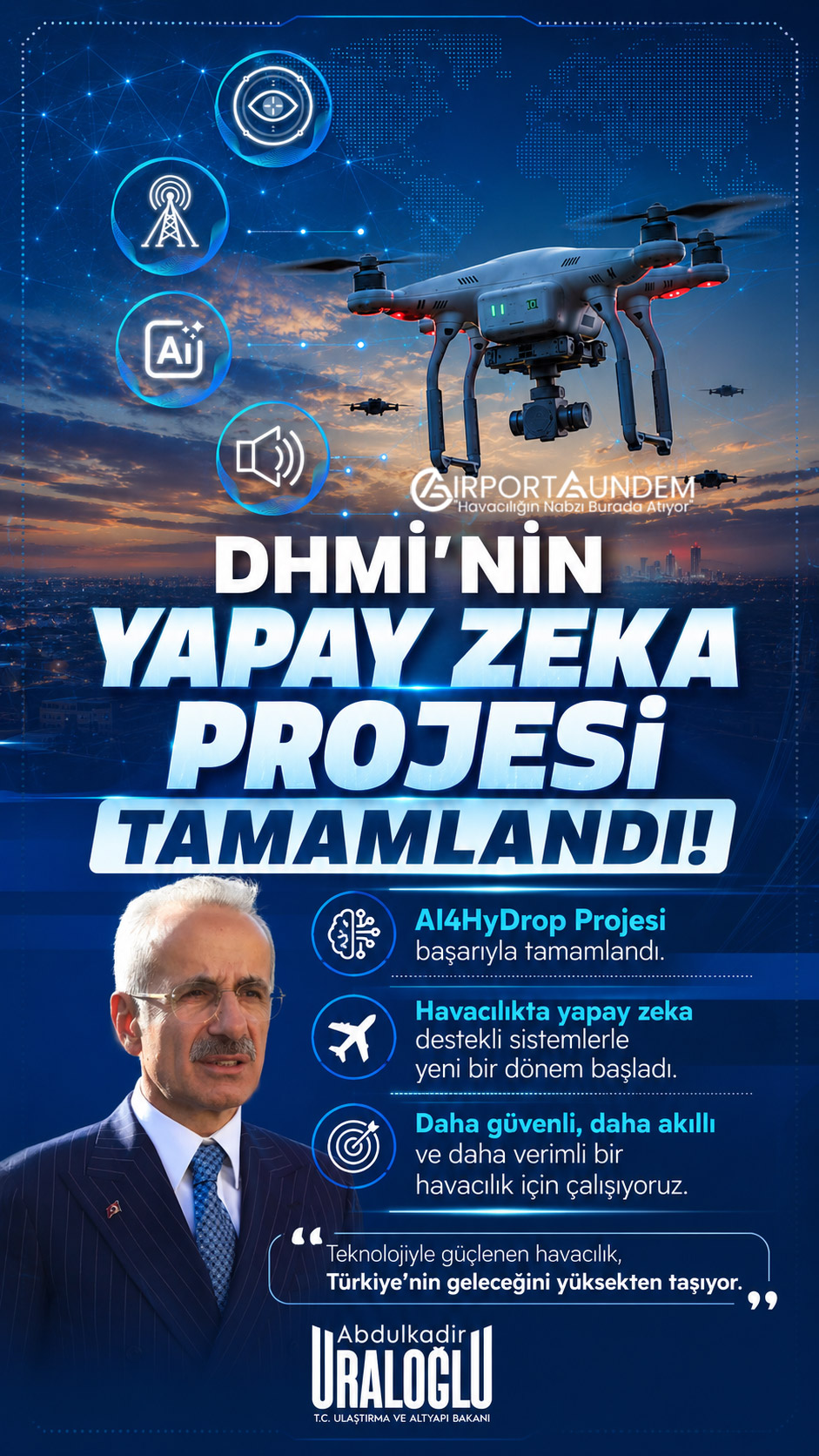 Bakan Abdulkadir Uraloğlu, DHMİ'nin yapay zeka destekli AI4HyDrop Projesi'ni tamamladığını ve ATMOSPHER Projesi'nin AB desteği aldığını açıkladı.