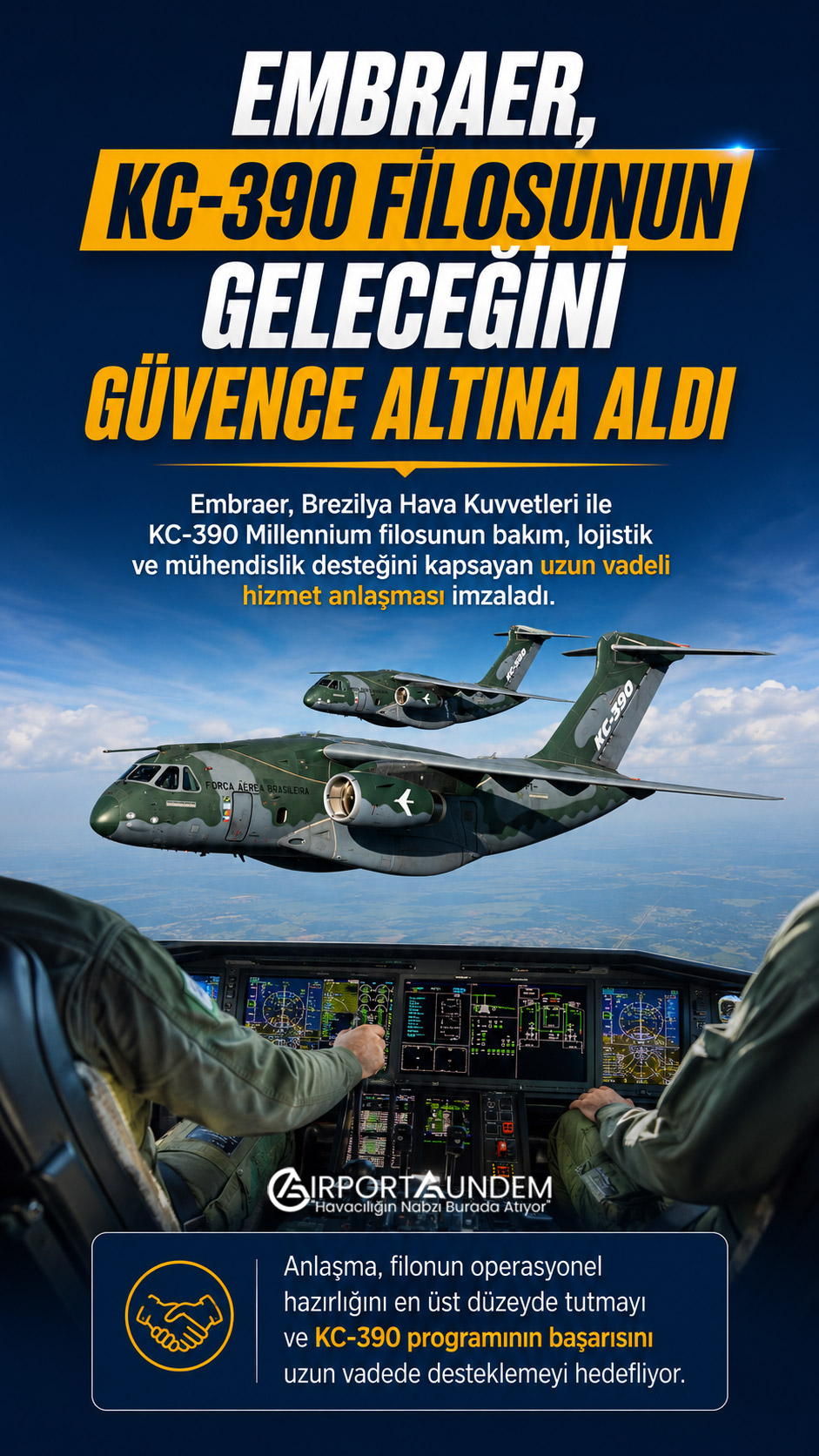 Embraer, KC-390 Filosunun Geleceğini Güvence Altına Aldı 1 Savunma Sanayii Haberleri Embraer Embraer, Brezilya Hava Kuvvetleri ile KC-390 Millennium filosunun bakım, lojistik ve mühendislik desteğini kapsayan uzun vadeli hizmet anlaşması imzaladı.