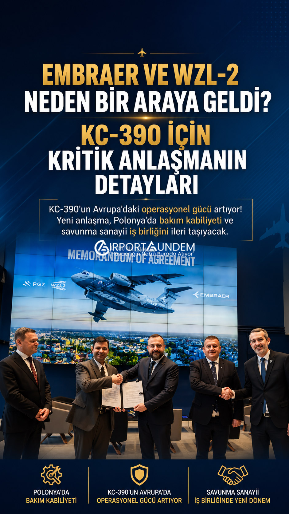 Embraer ile WZL-2, KC-390 Millennium için Polonya'da stratejik sanayi iş birliği başlattı. Anlaşma bakım, teknoloji transferi ve yerel üretim kapasitesini güçlendirecek.