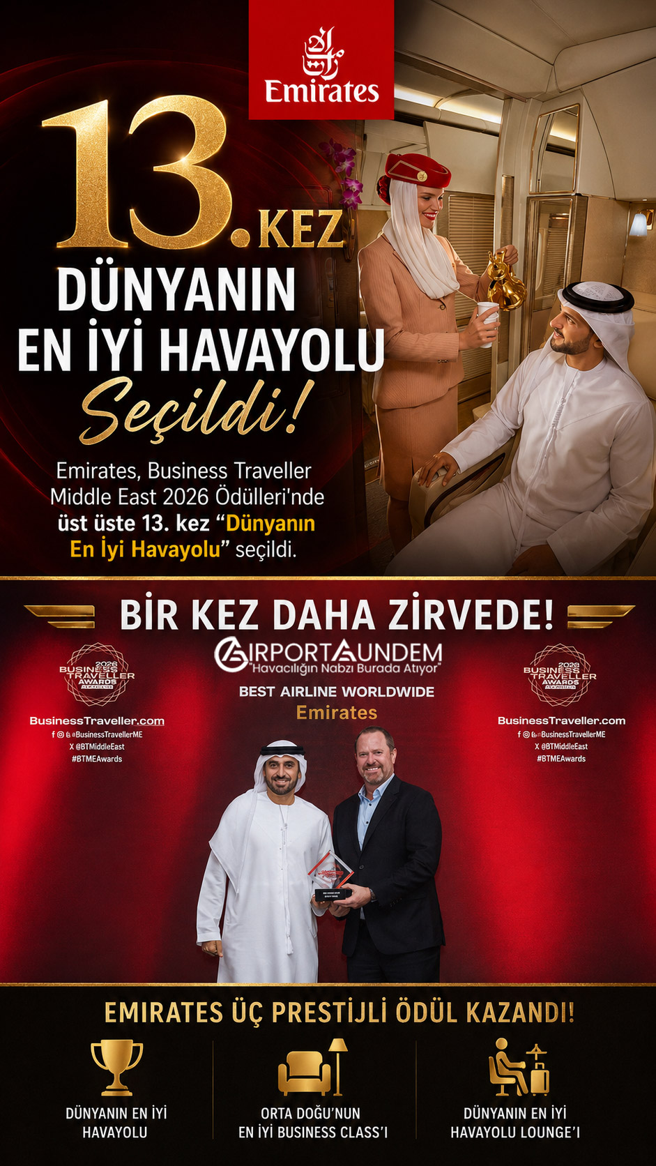 Emirates, Business Traveller Middle East 2026 Ödülleri'nde üst üste 13. kez "Dünyanın En İyi Havayolu" seçildi. Şirket üç prestijli ödül kazandı.