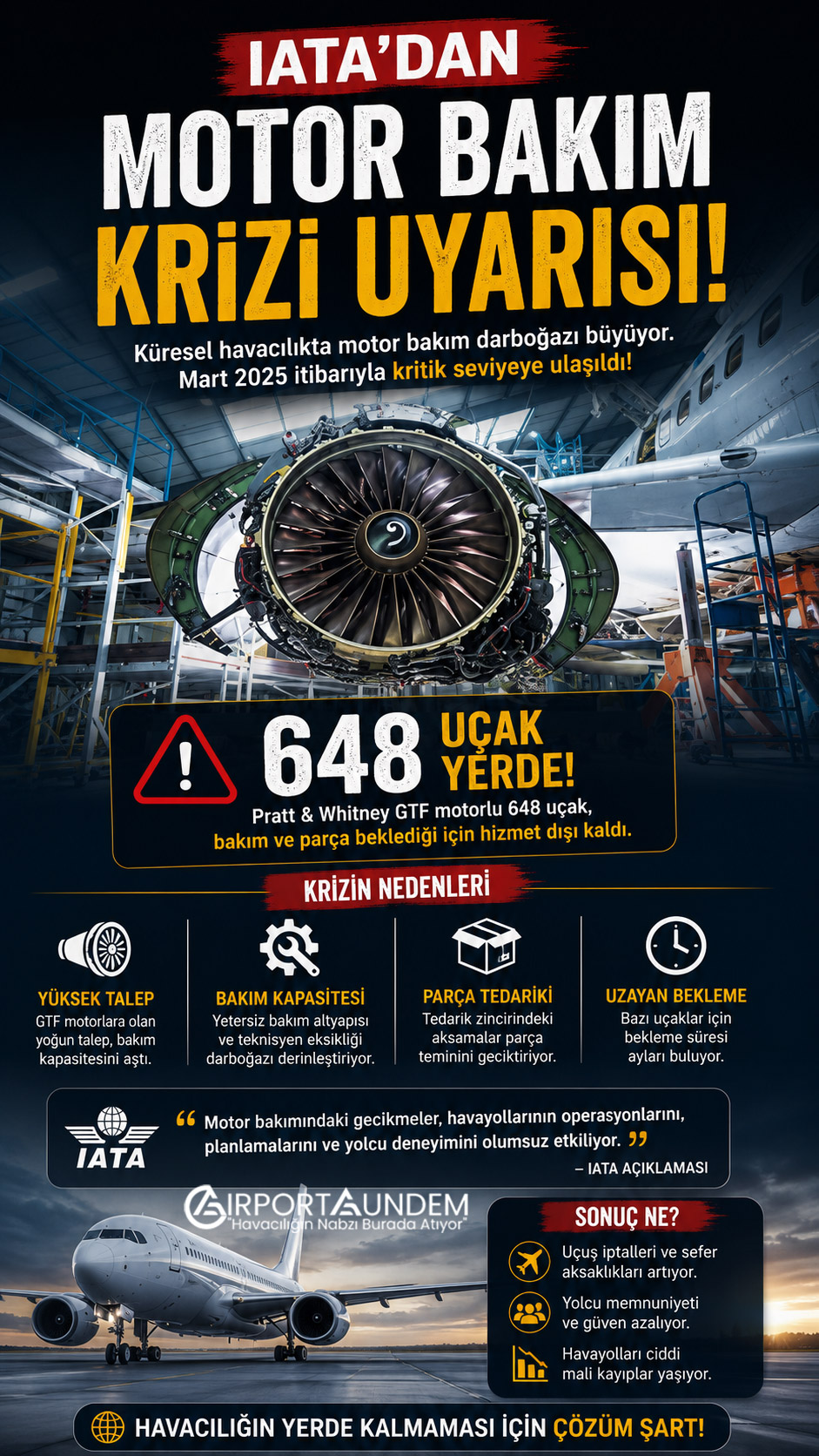 IATA'dan Motor Bakım Krizi Uyarısı! 648 Uçak Yerde, Darboğaz Büyüyor 1 Havacılık Haberleri IATA IATA, motor bakım krizine dikkat çekti. Rapora göre 648 GTF motorlu uçak yerde beklerken bakım talebi önümüzdeki yıllarda katlanarak artacak.