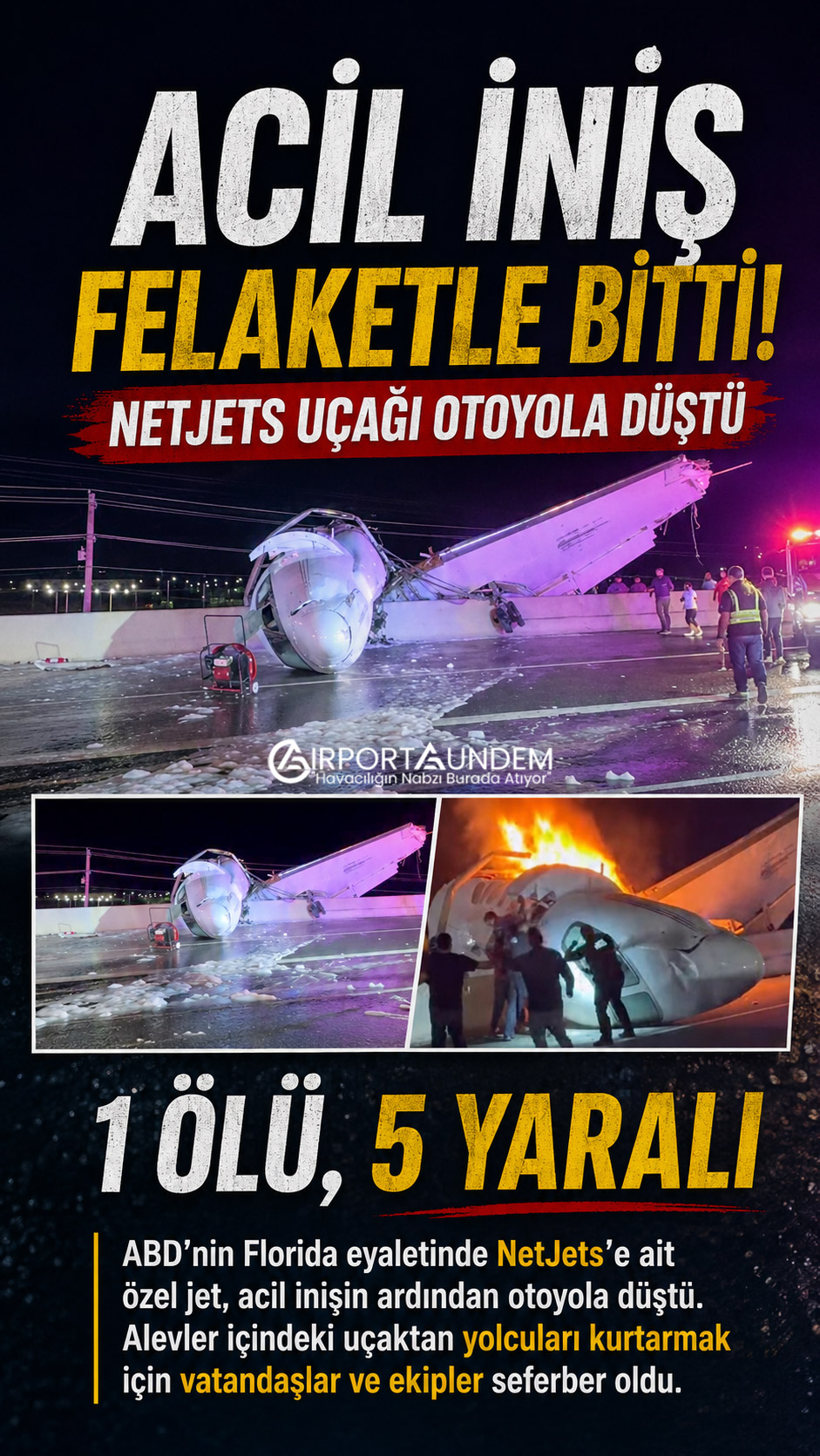 NetJets’e ait Cessna Citation Latitude tipi iş jeti Texas’ta otoyola düştü. Kazada 1 kişi hayatını kaybetti, 5 kişi yaralandı.