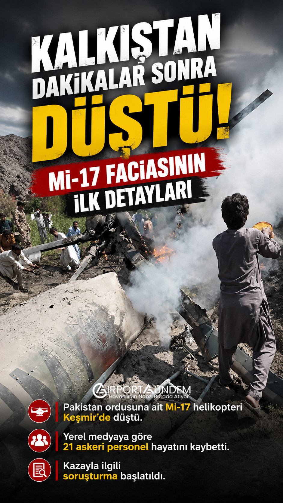 Pakistan’da Mi-17 Faciası: 21 Askerin Öldüğü İddia Edildi 1 Kaza ve Olaylar Havacılık Haberleri Mi-17 Pakistan ordusuna ait Mi-17 helikopteri Keşmir’de düştü. Yerel medyaya göre 21 askeri personel hayatını kaybetti. Kazayla ilgili soruşturma başlatıldı.