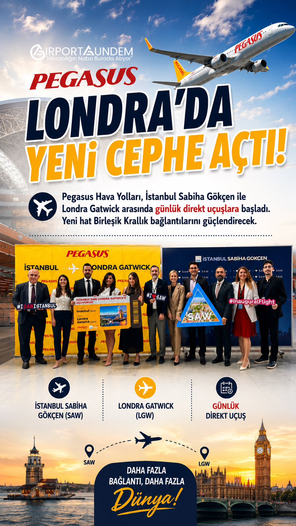 Pegasus Londra'da Yeni Cephe Açtı 4 Havacılık Haberleri Pegasus Pegasus Hava Yolları, İstanbul Sabiha Gökçen ile Londra Gatwick arasında günlük direkt uçuşlara başladı. Yeni hat Birleşik Krallık bağlantılarını güçlendirecek.