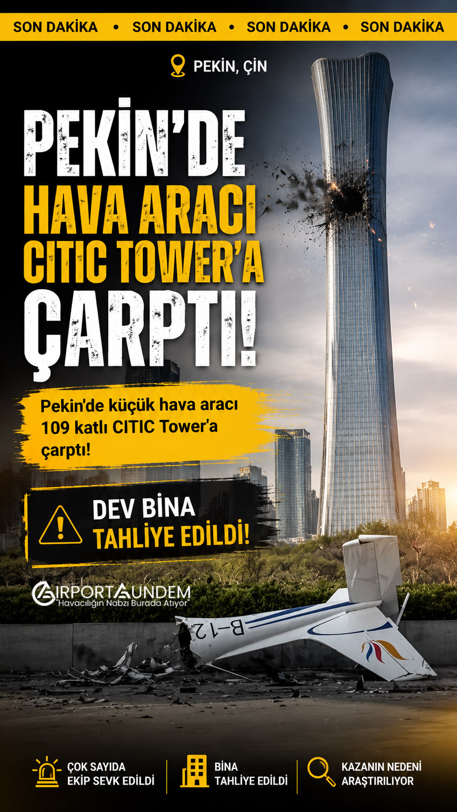 Pekin'de Hava Aracı CITIC Tower'a Çarptı 1 Havacılık Haberleri Hava Aracı Pekin'de küçük bir hava aracı 109 katlı CITIC Tower'a çarptı. Bina tahliye edildi. Kazanın nedeni ve olası can kaybına ilişkin resmi açıklama bekleniyor.