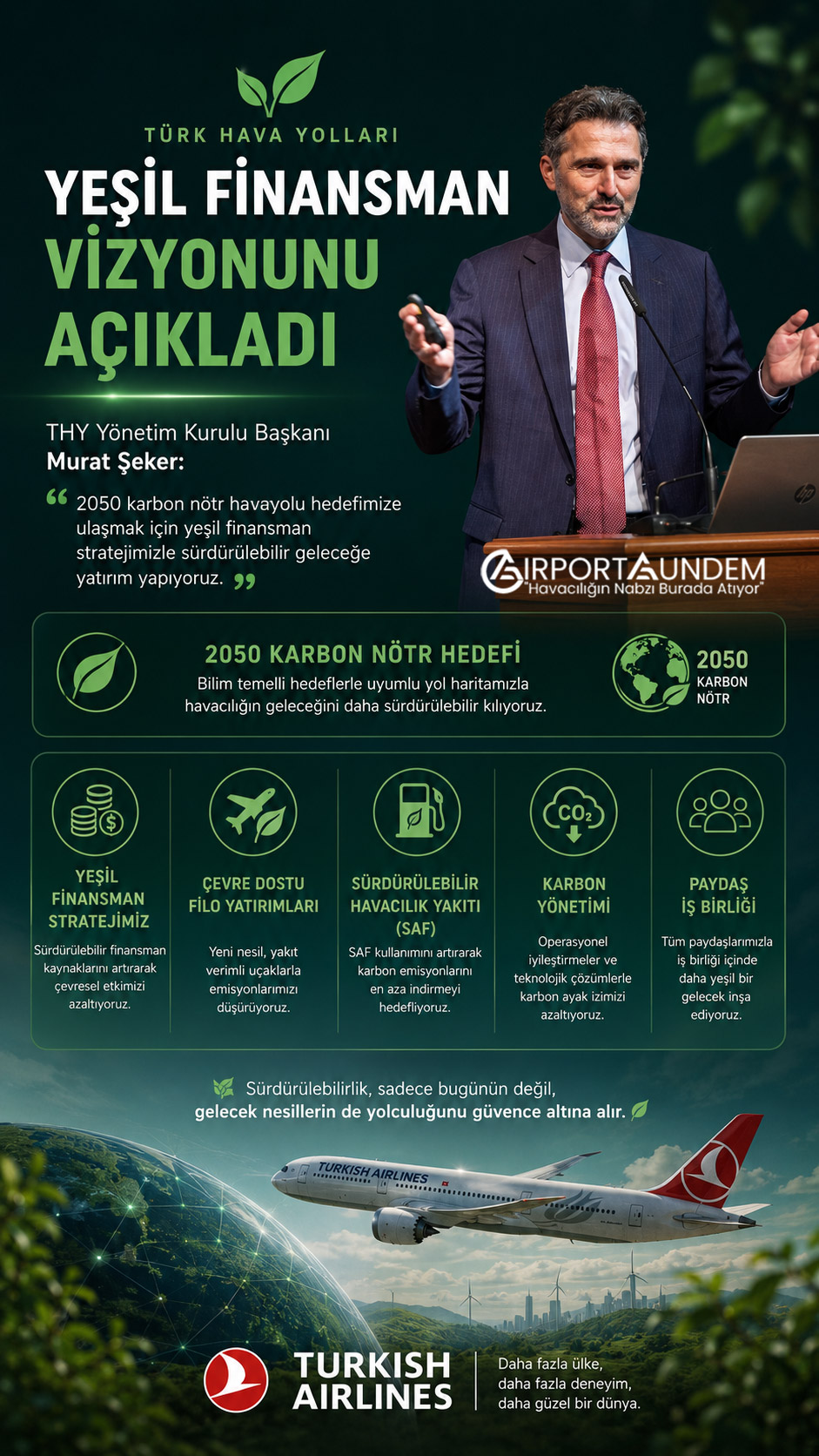 THY, Yeşil Finansman Vizyonunu Açıkladı 4 Türk Hava Yolları Haberleri THY THY Yönetim Kurulu Başkanı Murat Şeker, 2050 karbon nötr havayolu hedefi doğrultusunda sürdürülebilir finansman ve yeşil dönüşüm çalışmalarını anlattı.