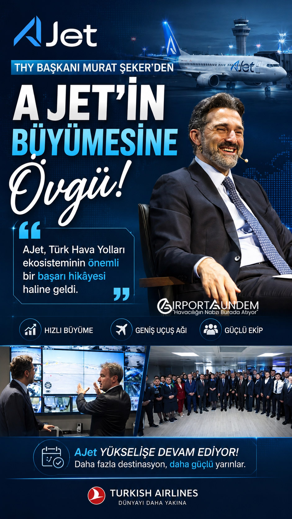 THY Yönetim Kurulu Başkanı Murat Şeker AJet'in Büyümesini Değerlendirdi 9 Ajet Hava Yolları Haberleri AJet THY Yönetim Kurulu Başkanı Prof. Dr. Murat Şeker, AJet'in iki yılda 35 ülkede 100 noktaya ulaştığını belirterek şirketin büyüme performansı ve başarılarını değerlendirdi.