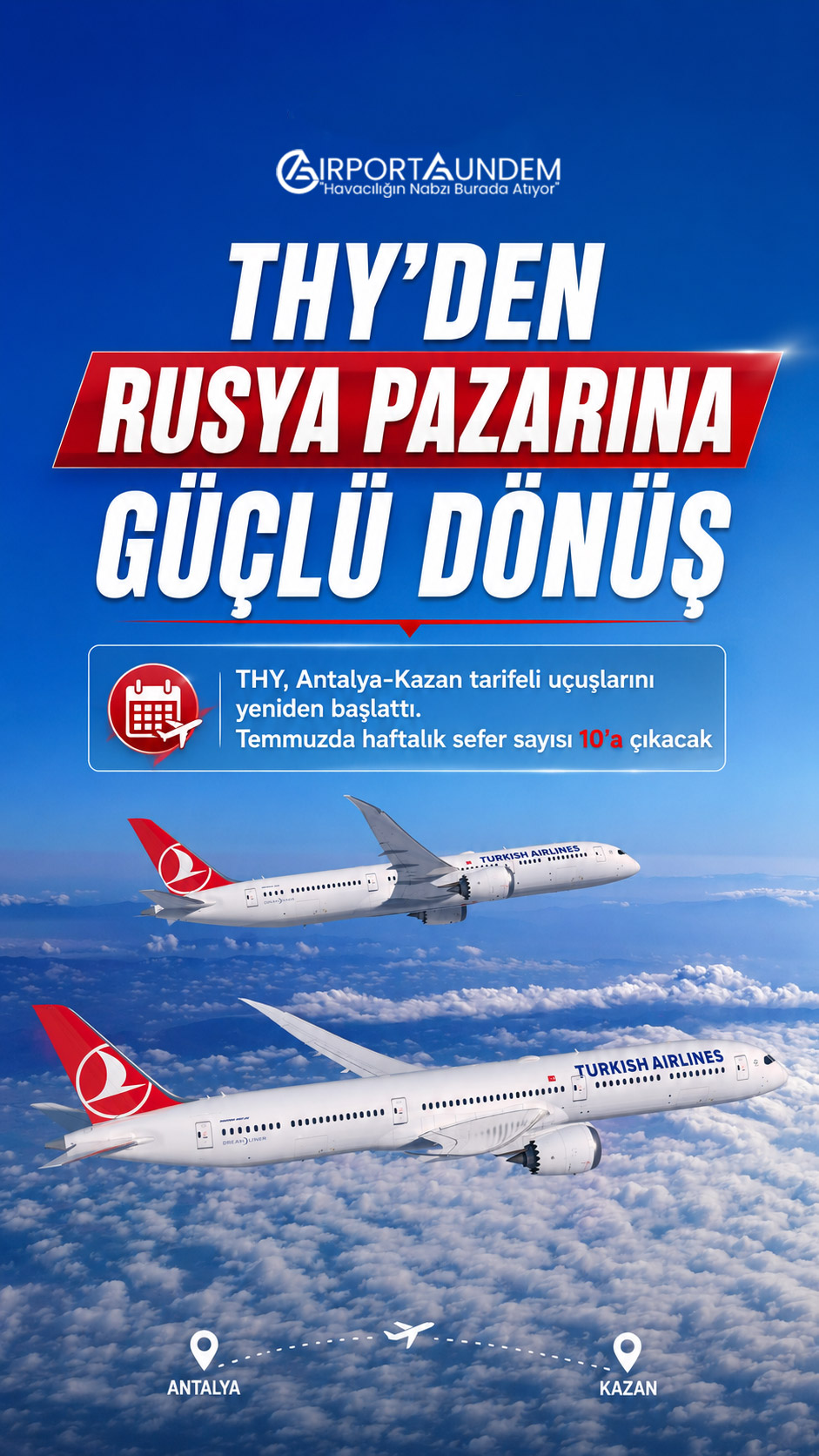 THY’den Rusya Pazarına Güçlü Dönüş 1 Türk Hava Yolları Haberleri THY THY, Antalya-Kazan tarifeli uçuşlarını yeniden başlattı. 15 Haziran’da başlayan seferler, 1 Temmuz’dan itibaren haftalık 10 uçuşa çıkarılacak.