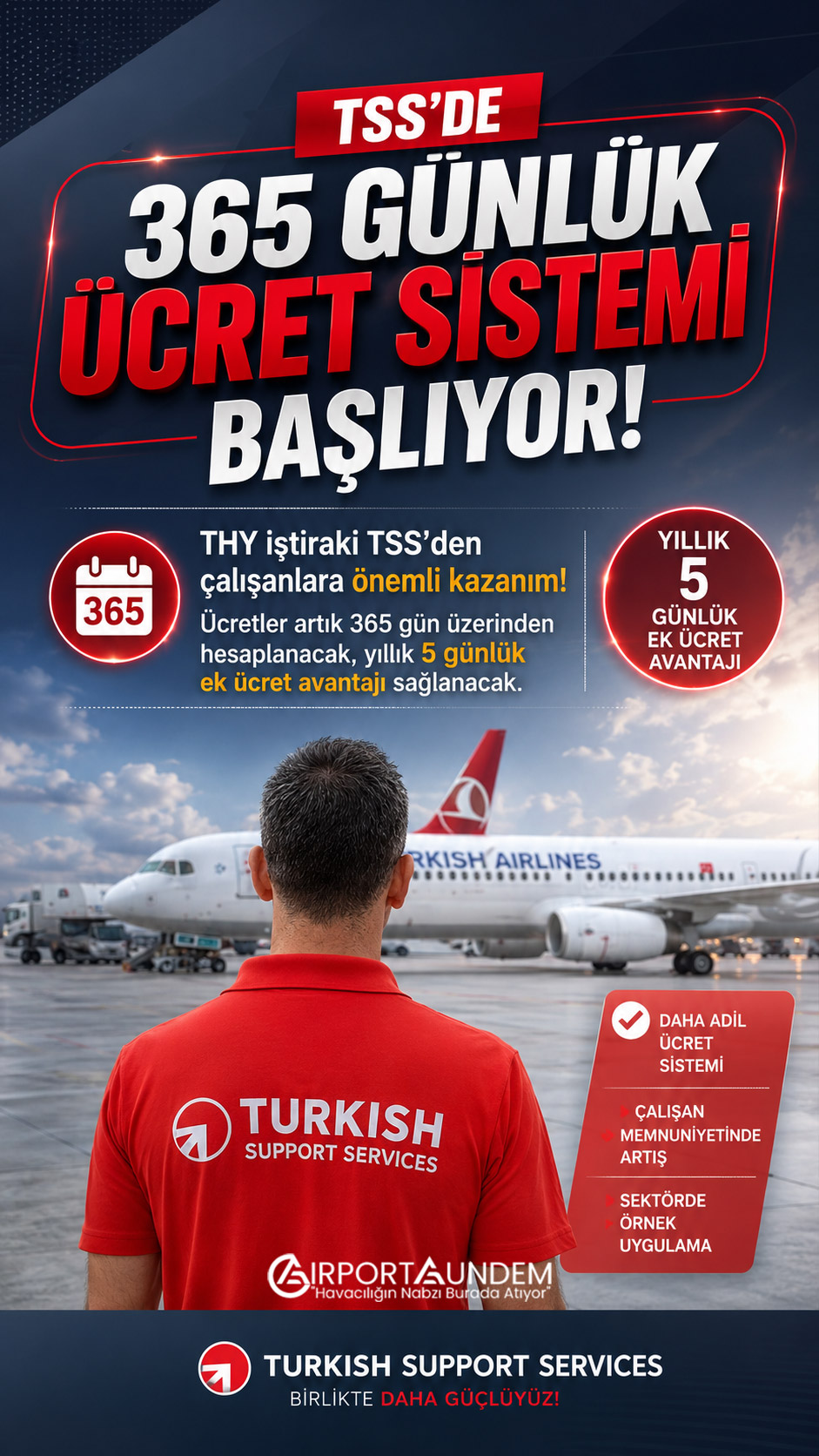 TSS'de 365 Günlük Ücret Sistemi Başlıyor 1 Türk Hava Yolları Haberleri TSS THY iştiraki TSS, yeni ücret sistemine geçiyor. Ücretler artık 365 gün üzerinden hesaplanacak, çalışanlara yıllık 5 günlük ek ücret avantajı sağlanacak.