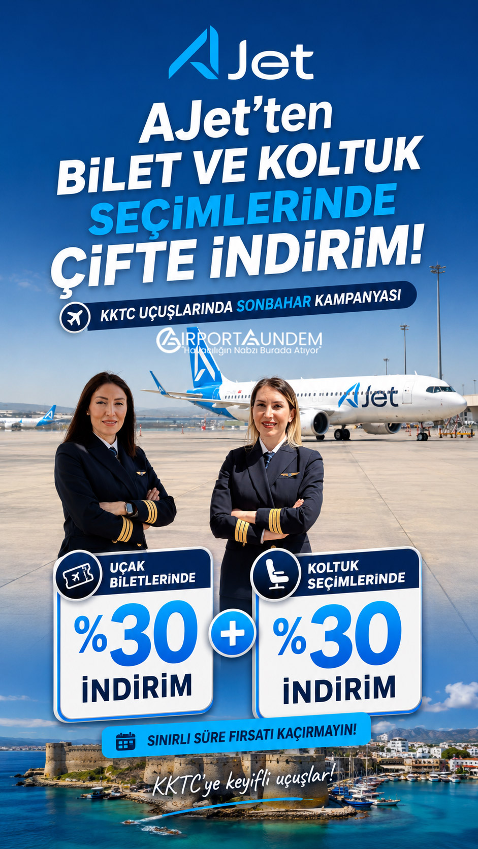 AJet, KKTC uçuşlarında sonbahar kampanyasını duyurdu. Uçak biletleri ve koltuk seçimleri yüzde 30 indirimle satışa sunuldu.