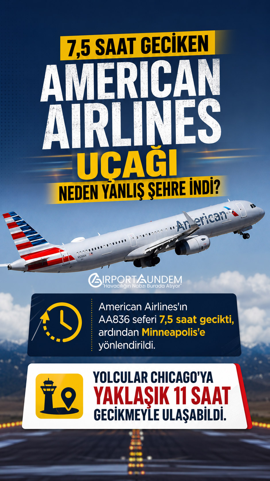 7,5 Saat Geciken American Airlines Uçağı Neden Yanlış Şehre İndi? 1 Havacılık Haberleri American Airlines American Airlines'ın AA836 seferi 7,5 saat gecikti, ardından Minneapolis'e yönlendirildi. Yolcular Chicago'ya yaklaşık 11 saat gecikmeyle ulaşabildi.