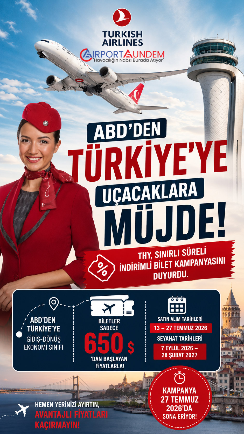 ABD’den Türkiye’ye THY Biletleri 650 Dolardan Başlıyor 1 Türk Hava Yolları Haberleri THY THY, ABD çıkışlı Türkiye uçuşlarında gidiş-dönüş ekonomi biletlerini 650 dolardan başlayan fiyatlarla sundu. Kampanya 27 Temmuz’da sona erecek.