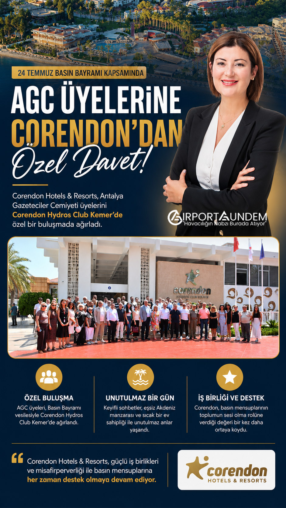 Corendon Hydros Club Kemer’de düzenlenen 24 Temmuz Basın Bayramı kahvaltısına katılan gazeteciler ve yöneticiler