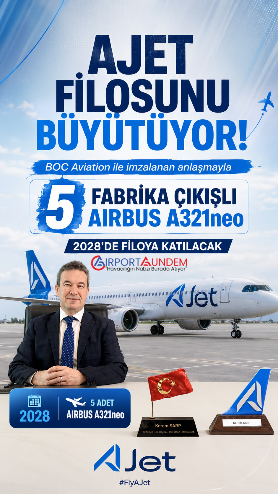 AJet, BOC Aviation ile 5 Airbus A321neo için anlaşma imzaladı. Fabrika çıkışlı yeni nesil uçaklar 2028'de filoya katılarak büyüme stratejisini destekleyecek.