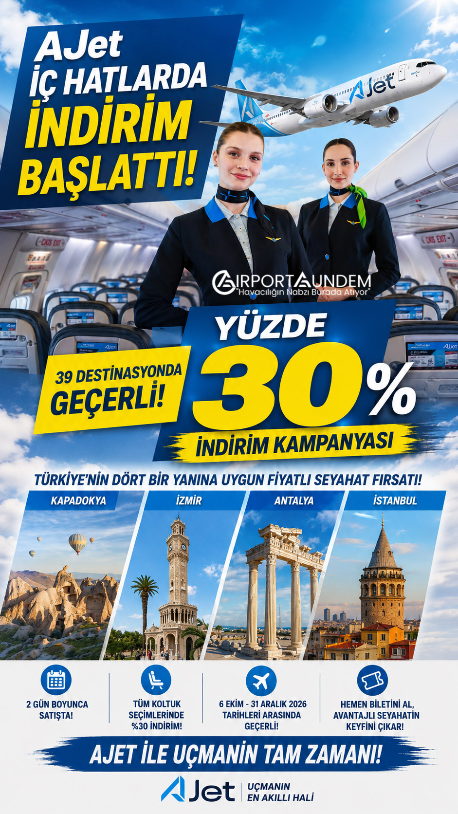 AJet İç Hatlarda İndirim Başlattı 1 Ajet Hava Yolları Haberleri AJet AJet, yurt içi uçuşlarda yüzde 30 indirim kampanyası başlattı. Kampanya kapsamında biletler ve koltuk seçimleri avantajlı fiyatlarla satışa sunuldu.
