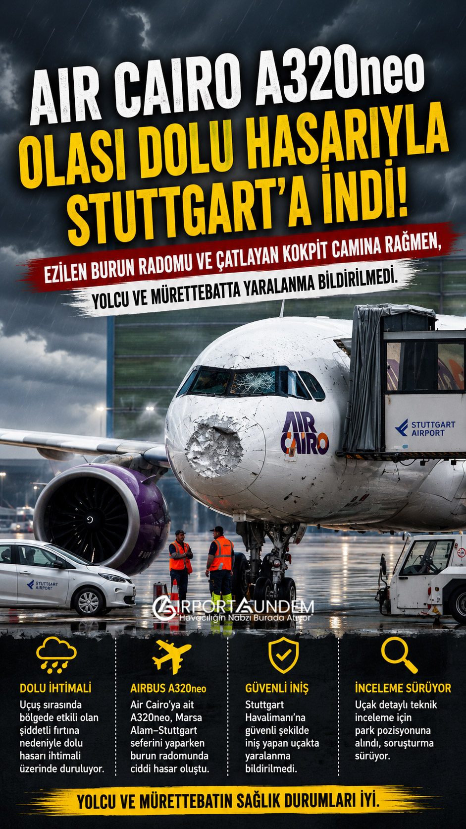Dolu şüphesi sonrası burun radomu ezilen ve kokpit camı hasar gören Air Cairo Airbus A320neo uçağı