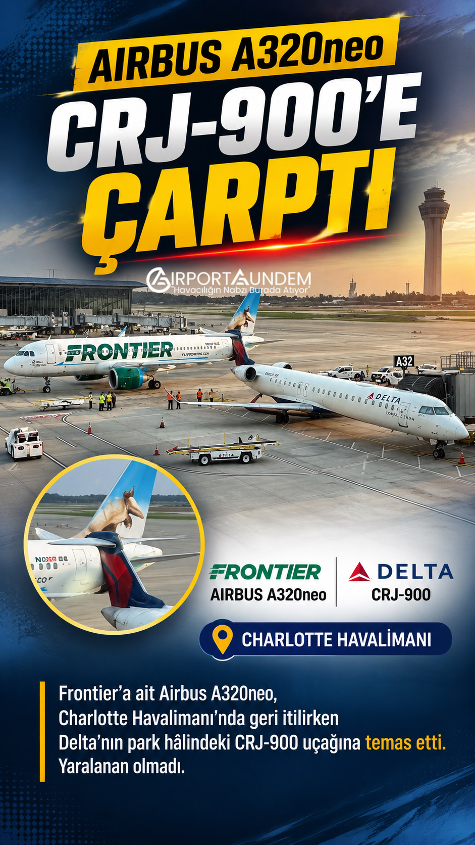 Charlotte Havalimanı’nda geri itme sırasında temas eden Frontier Airbus A320neo ve Delta CRJ-900 uçakları