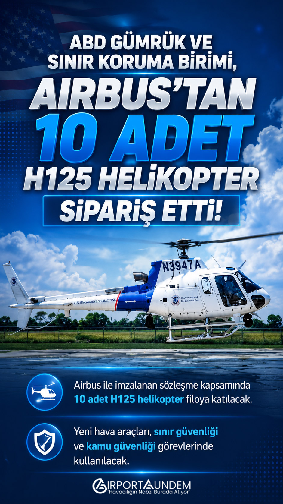 ABD Gümrük ve Sınır Koruma Birimi, Airbus'tan 10 adet H125 helikopter sipariş etti. Yeni hava araçları sınır güvenliği ve kamu güvenliği görevlerinde kullanılacak.