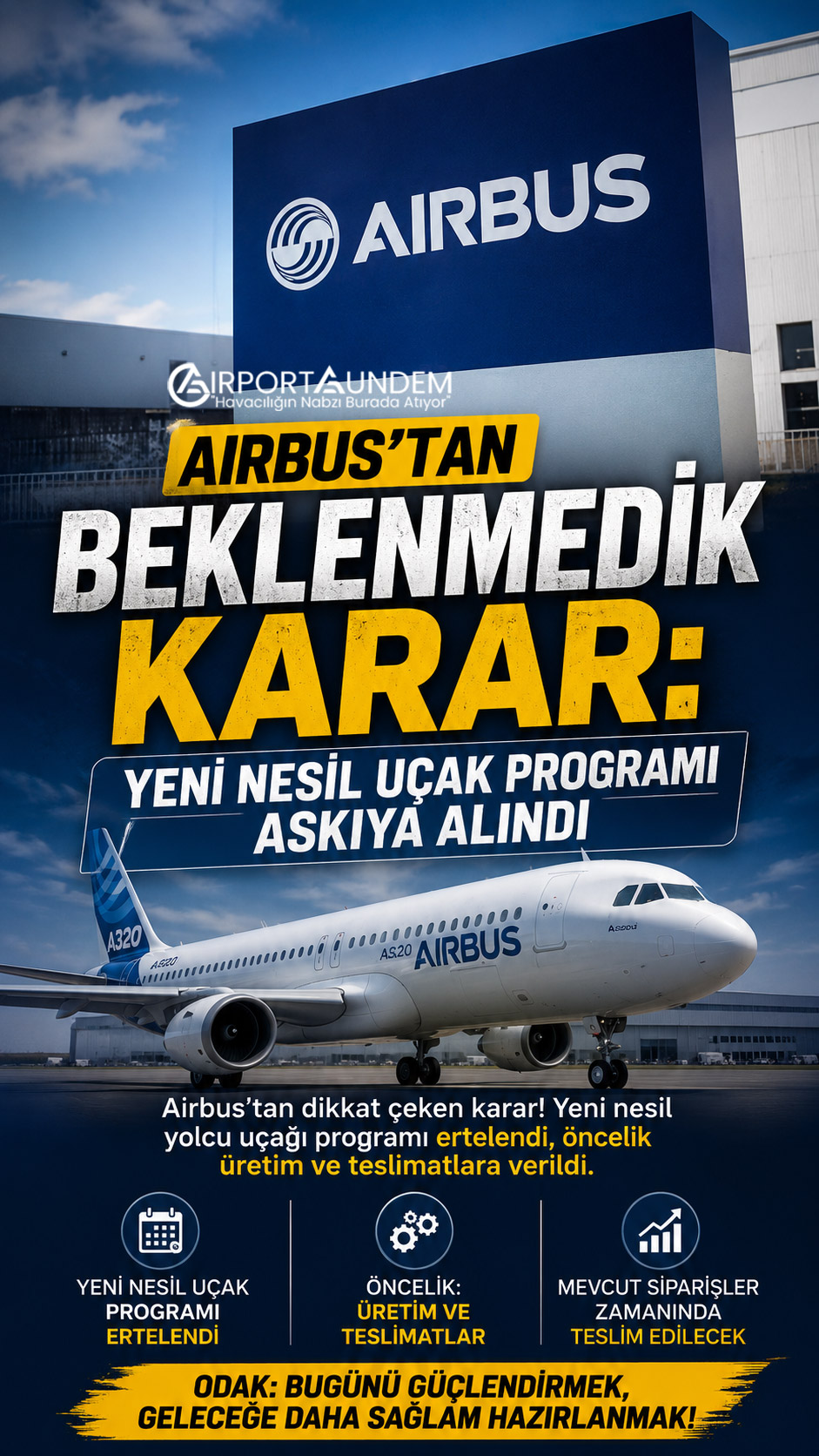 Airbus'tan Beklenmedik Karar: Yeni Nesil Uçak Programı Askıya Alındı 1 Airbus Haberleri Airbus Airbus, yeni nesil yolcu uçağı programını erteledi. Şirket, üretim kapasitesini artırmaya, siparişleri teslim etmeye ve tedarik zinciri sorunlarını çözmeye odaklanıyor.