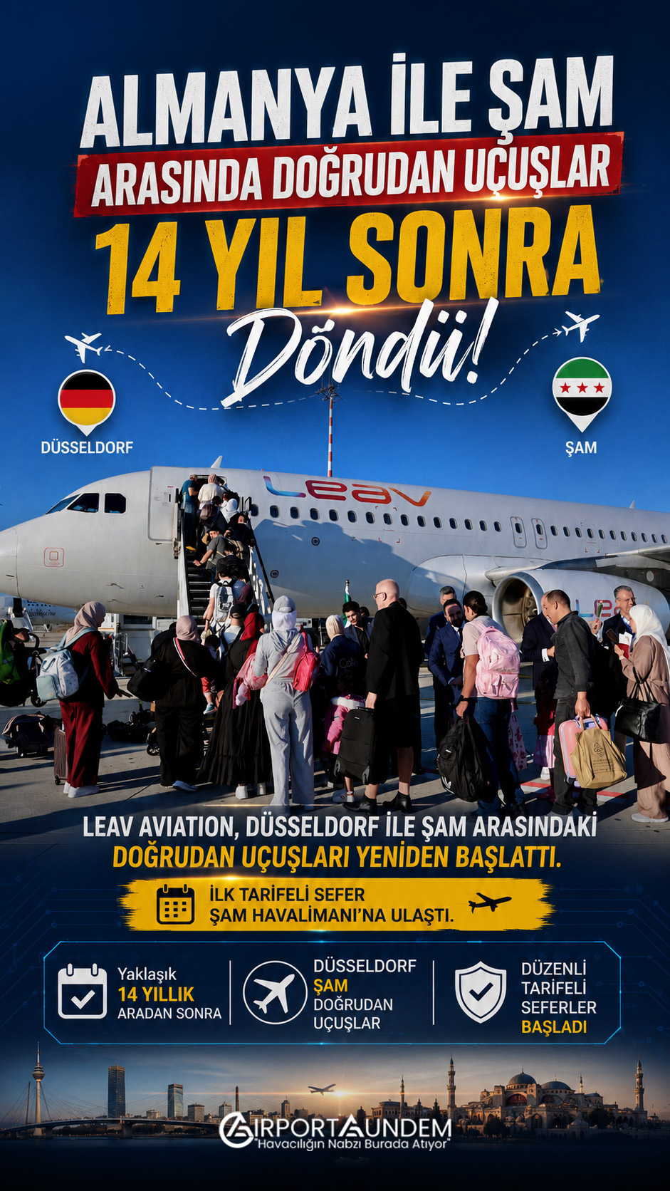 LEAV Aviation’ın Düsseldorf’tan Şam Uluslararası Havalimanı’na gerçekleştirdiği ilk doğrudan uçuş