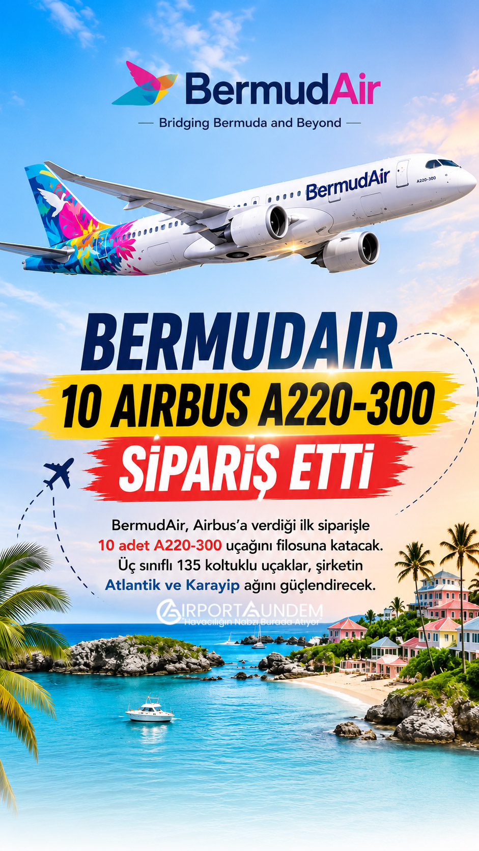 BermudAir’in sipariş verdiği üç sınıflı ve 135 koltuklu Airbus A220-300 yolcu uçağı