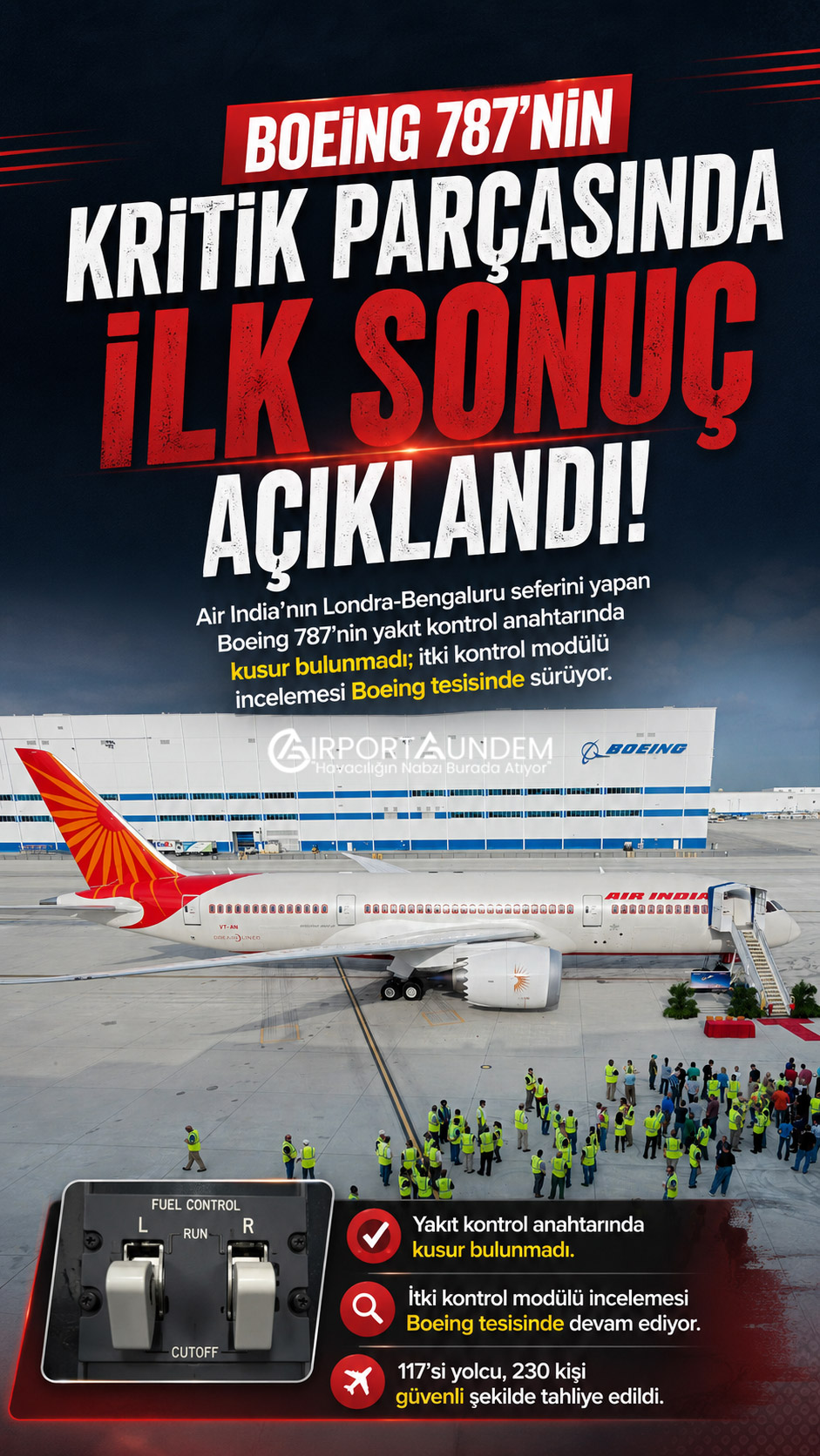Yakıt kontrol anahtarı ve itki kontrol modülü incelenen Air India Boeing 787-8 uçağı