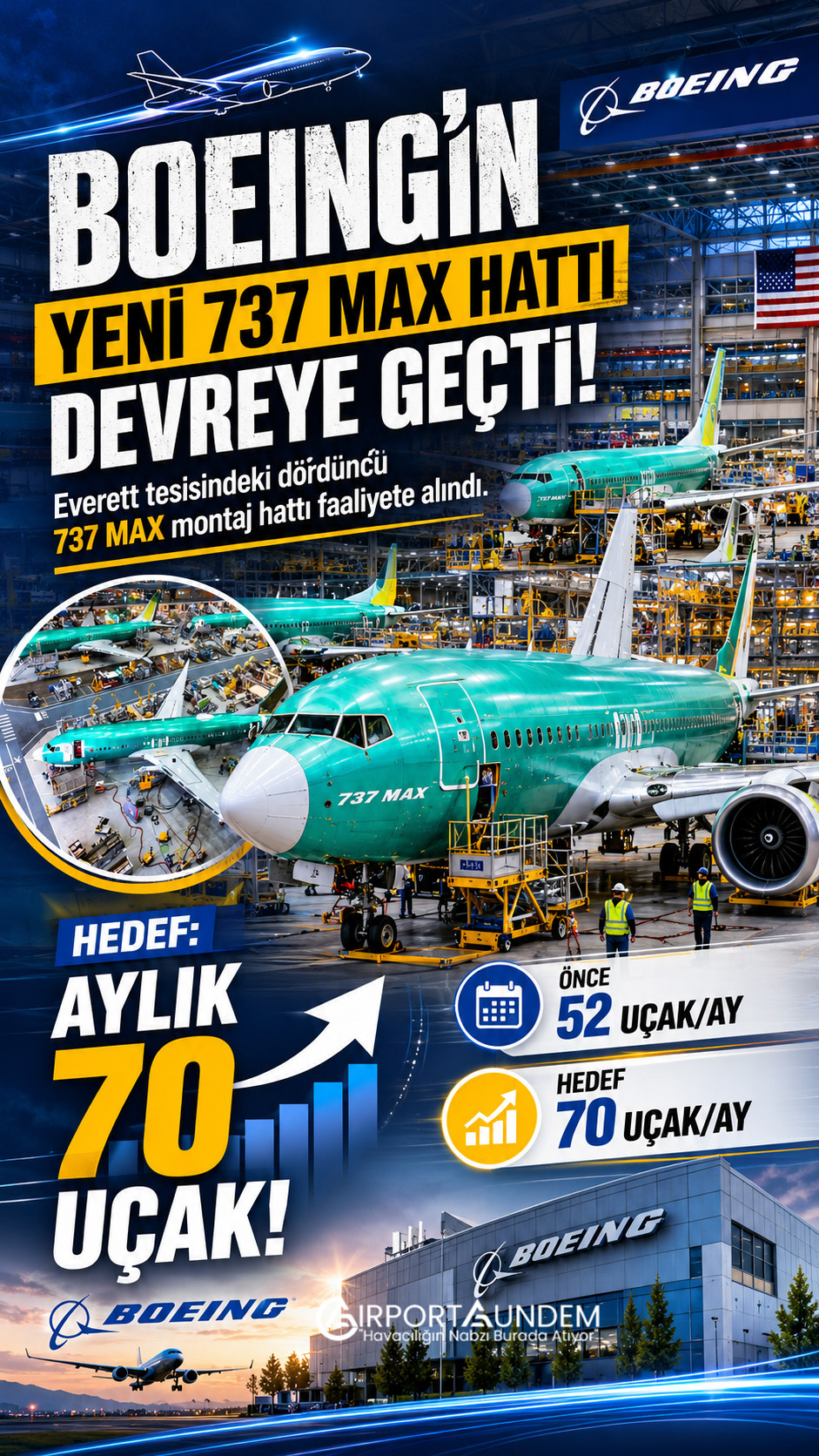 Boeing, Everett tesisindeki dördüncü 737 MAX montaj hattını devreye aldı. Şirket, aylık üretimi önce 52, ardından 70 uçağa çıkarmayı hedefliyor.