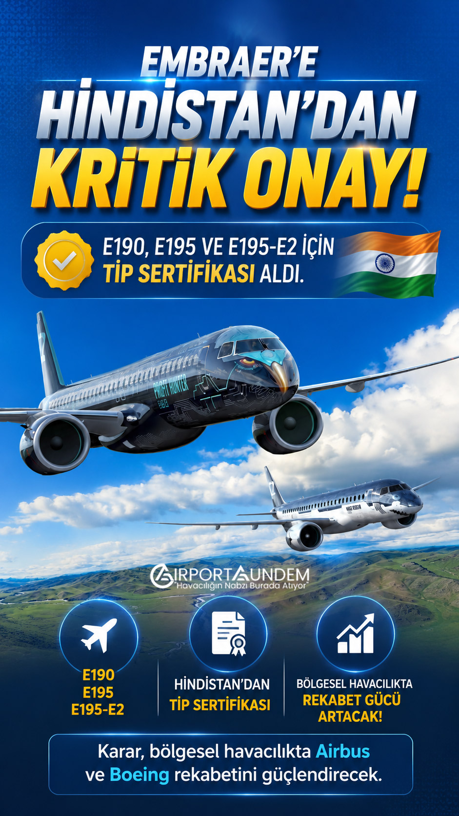 Embraer, E190, E195 ve E195-E2 için Hindistan'dan Tip Sertifikası aldı. Karar, bölgesel havacılıkta Airbus ve Boeing rekabetini güçlendirecek.