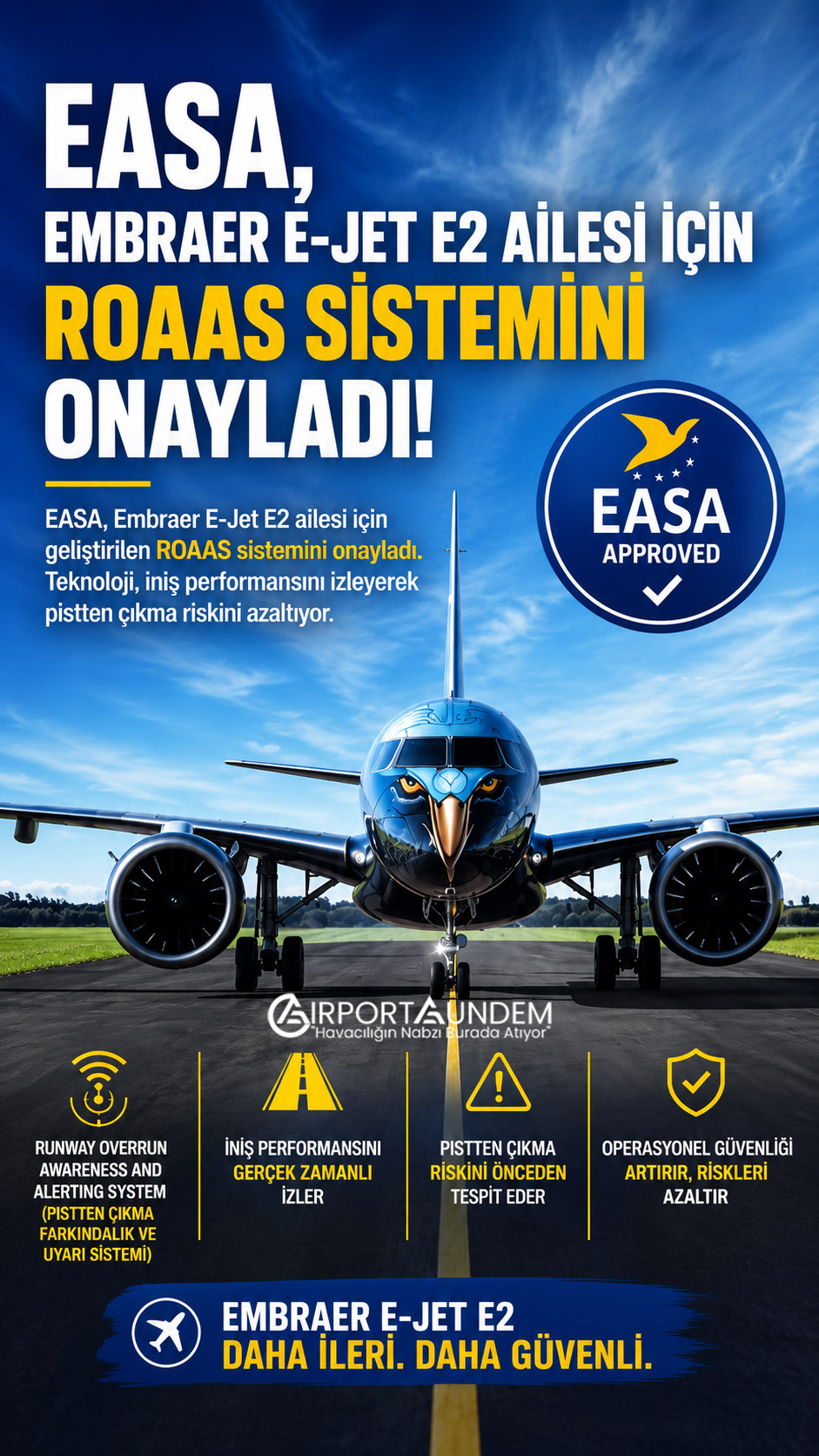 EASA sertifikası alan ROAAS emniyet sistemiyle donatılmış Embraer E-Jet E2 yolcu uçağı