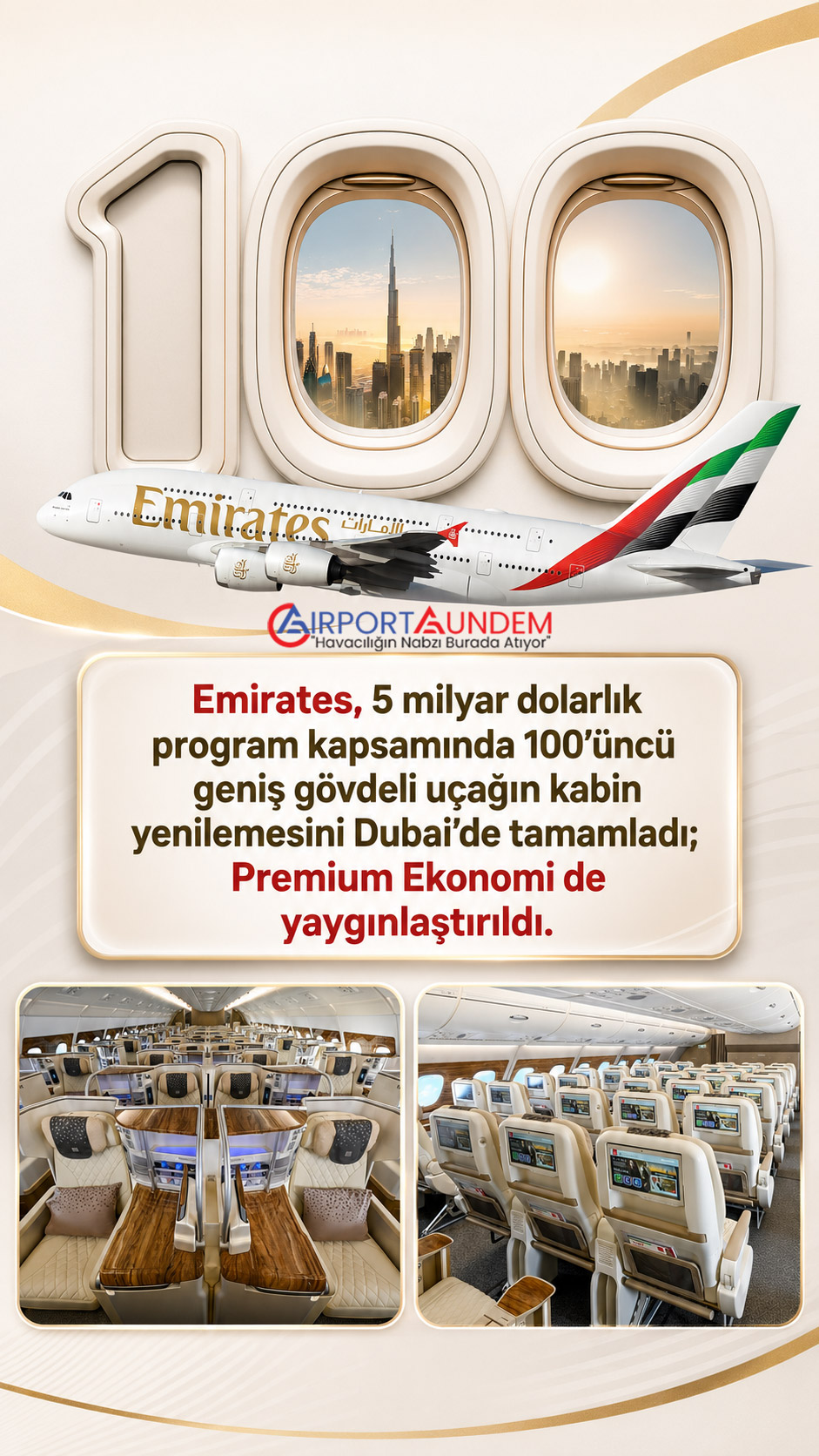 Emirates’in Dubai’de kabin yenilemesi tamamlanan 100’üncü geniş gövdeli uçağı