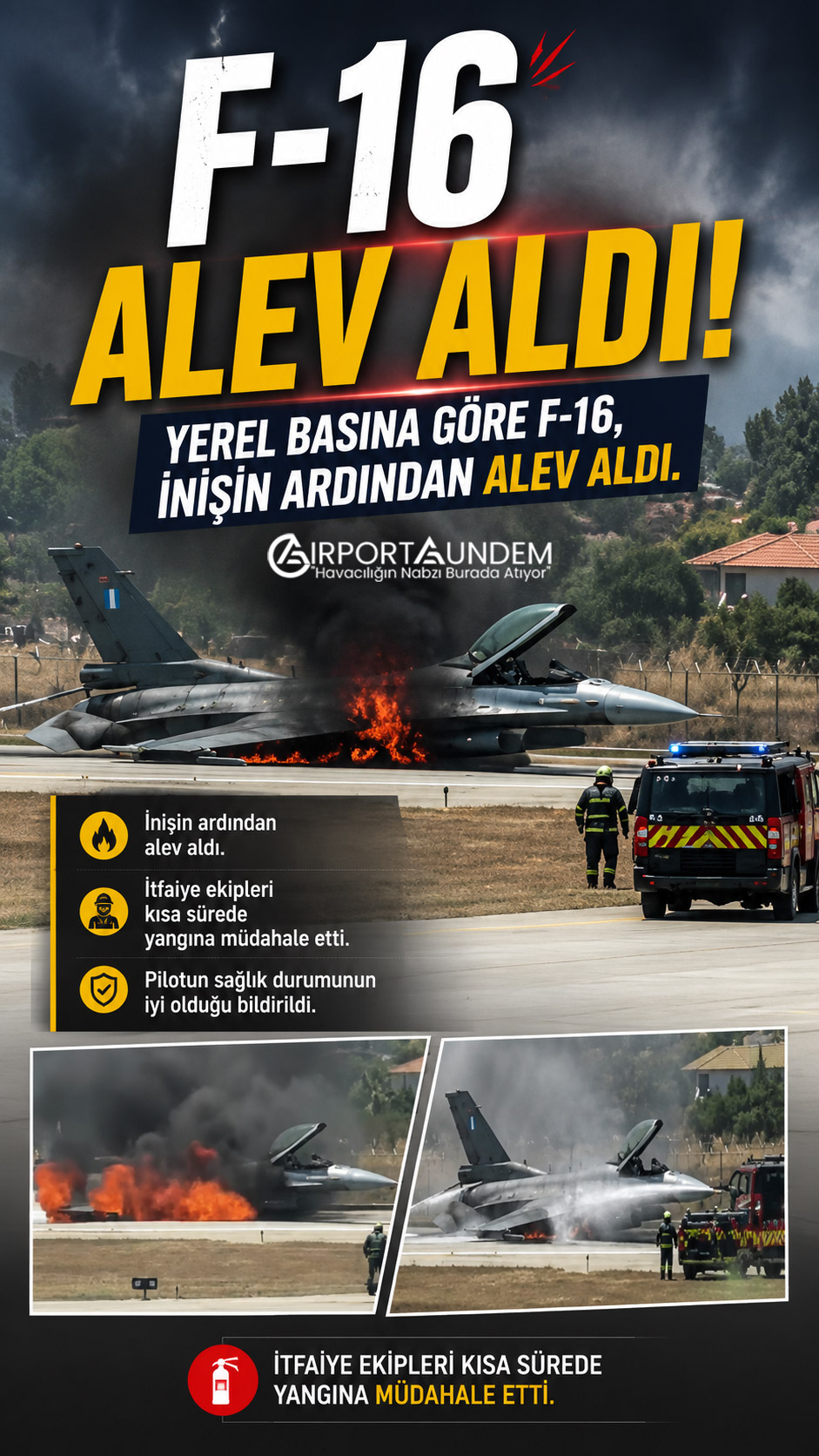 Yunanistan Hava Kuvvetleri'ne ait F-16 savaş uçağı, teknik arıza sonrası Zakinthos Havalimanı'na gövde üzerine acil iniş yaptı. Pist kapandı, uçuşlar saatlerce aksadı.