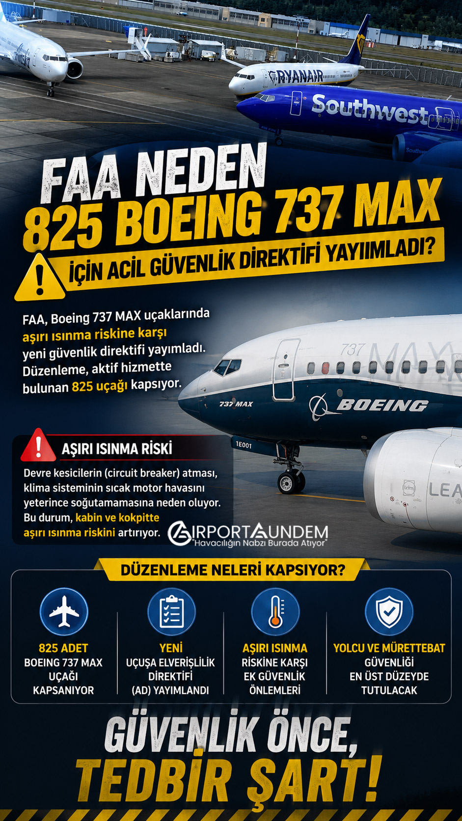 FAA'dan 737 MAX İçin Acil Karar 1 Havacılık Haberleri FAA FAA, Boeing 737 MAX uçaklarında aşırı ısınma riskine karşı yeni güvenlik direktifi yayımladı. Düzenleme, aktif hizmette bulunan 825 uçağı kapsıyor.
