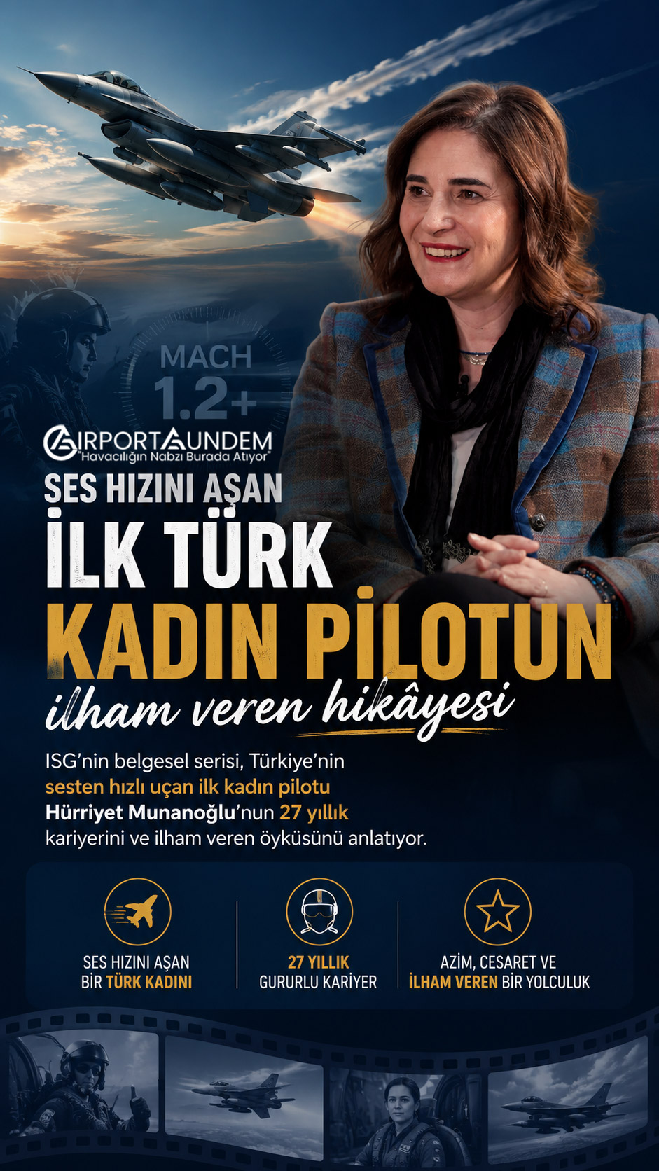 Türkiye’nin sesten hızlı uçuş yapan ilk kadın pilotu Hürriyet Munanoğlu’nun ISG belgeselindeki görüntüsü