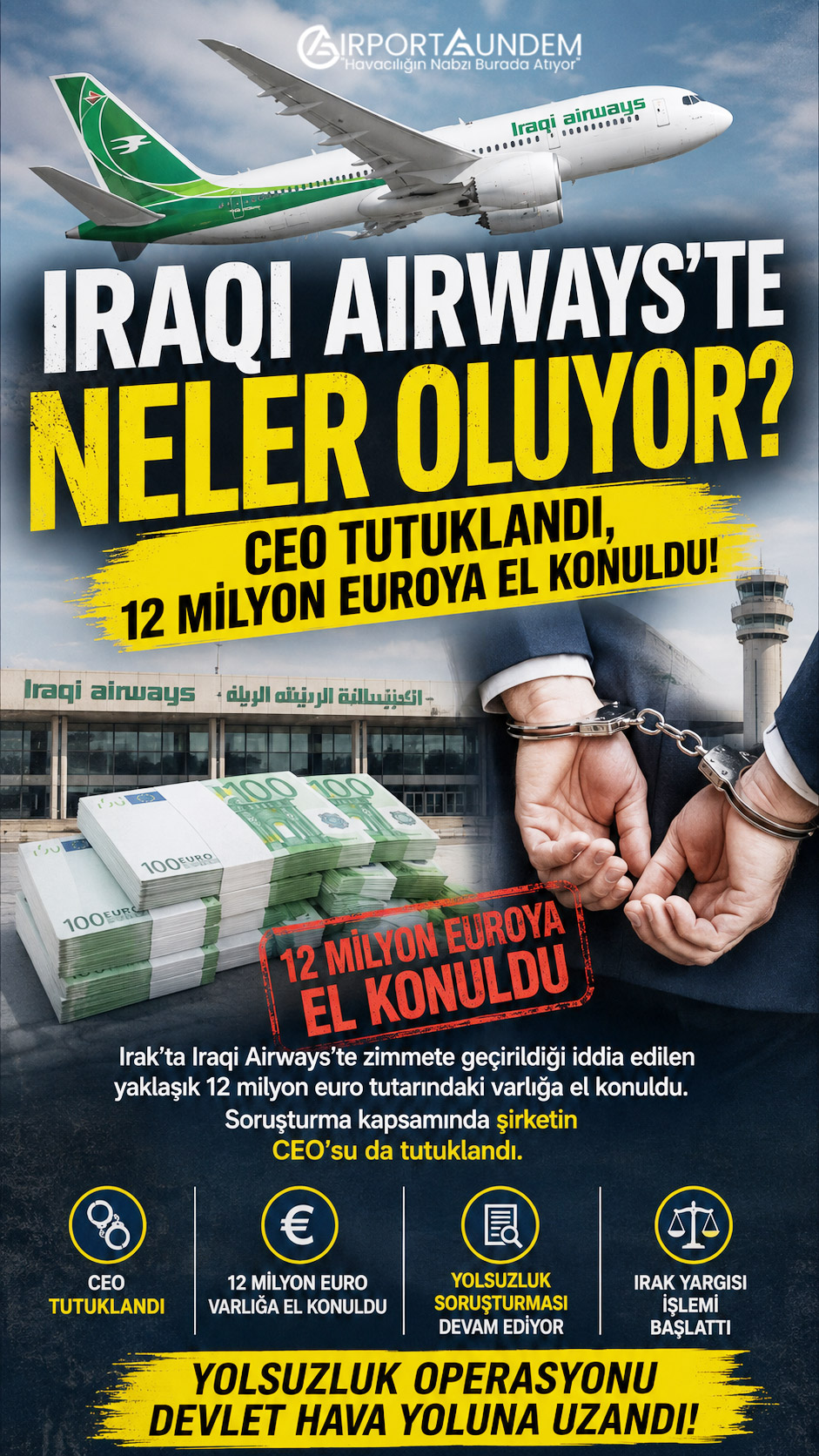 Irak'ta Iraqi Airways'te zimmete geçirildiği iddia edilen yaklaşık 12 milyon euro tutarındaki varlığa el konuldu. Soruşturma kapsamında şirketin CEO'su da tutuklandı.