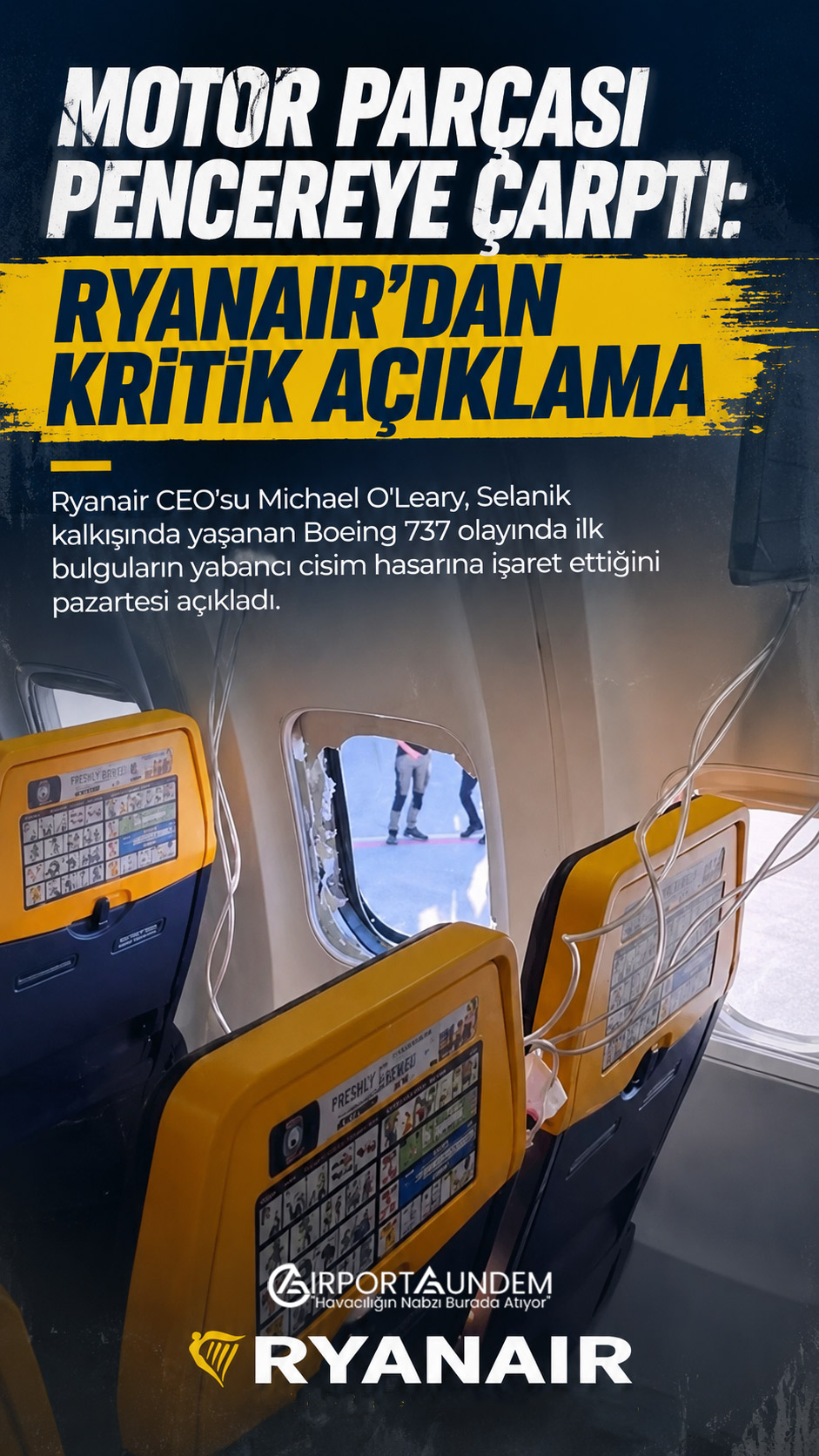 Selanik kalkışında motor parçasının pencereye çarptığı Ryanair Boeing 737 uçağı