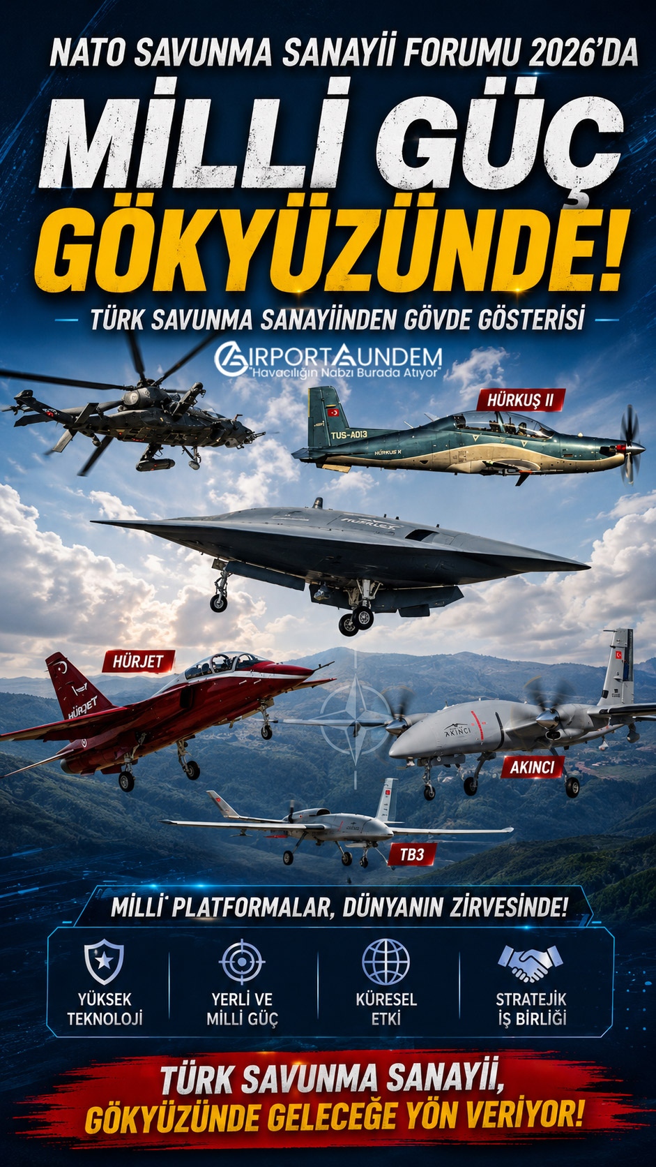 NATO Savunma Sanayii Forumu 2026'da HÜRJET, ANKA III, HÜRKUŞ-II, AKINCI, TB3 ve diğer milli hava platformları gökyüzünde güç gösterisi yaptı.