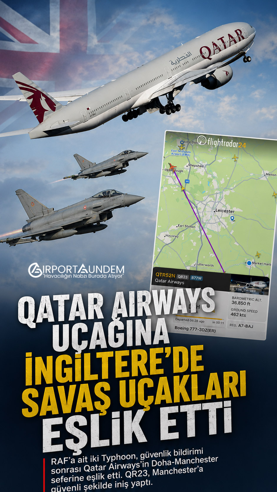 Qatar Airways Boeing 777 uçağına İngiltere hava sahasında eşlik eden RAF Typhoon savaş uçakları