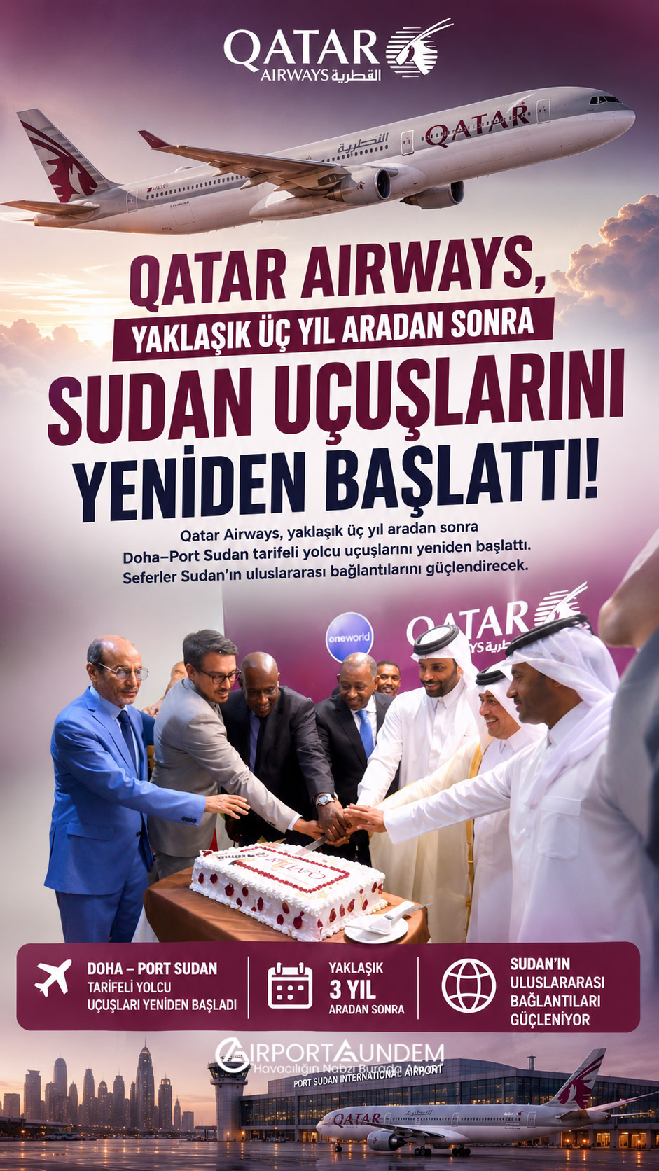 Qatar Airways'ten Sudan Kararı 2 Havacılık Haberleri Qatar Airways Qatar Airways, yaklaşık üç yıl aradan sonra Doha–Port Sudan tarifeli yolcu uçuşlarını yeniden başlattı. Seferler Sudan'ın uluslararası bağlantılarını güçlendirecek.