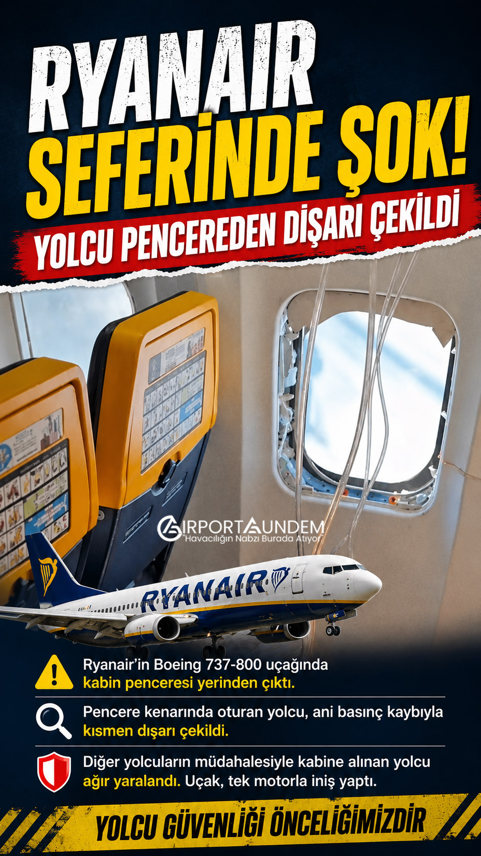 Kabin penceresi yerinden çıkan Ryanair Boeing 737-800 uçağında yolcunun kısmen dışarı çekildiği olay