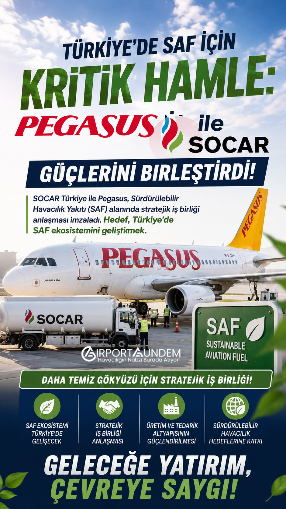 SOCAR ile Pegasus Güçlerini Birleştirdi 1 Pegasus Hava Yolları Haberleri Pegasus SOCAR Türkiye ile Pegasus, Sürdürülebilir Havacılık Yakıtı (SAF) alanında stratejik iş birliği anlaşması imzaladı. Hedef, Türkiye'de SAF ekosistemini geliştirmek.