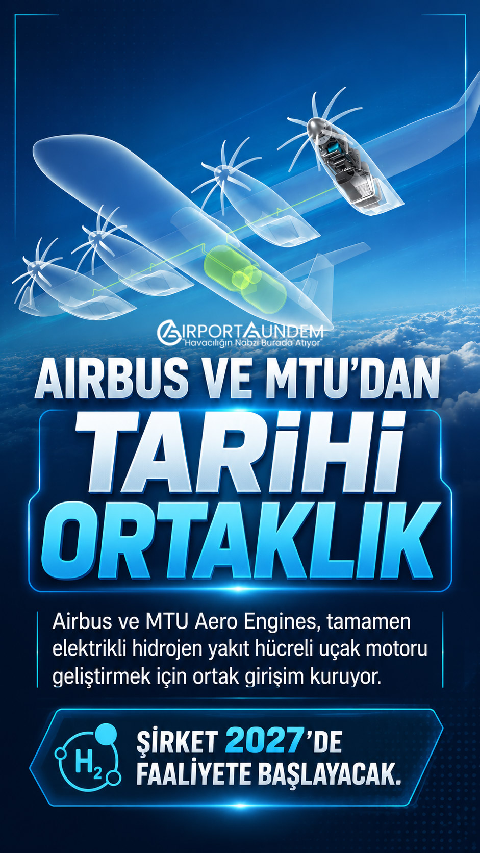 Airbus ve MTU Aero Engines, tamamen elektrikli hidrojen yakıt hücreli uçak motoru geliştirmek için ortak girişim kuruyor. Şirket 2027'de faaliyete başlayacak.
